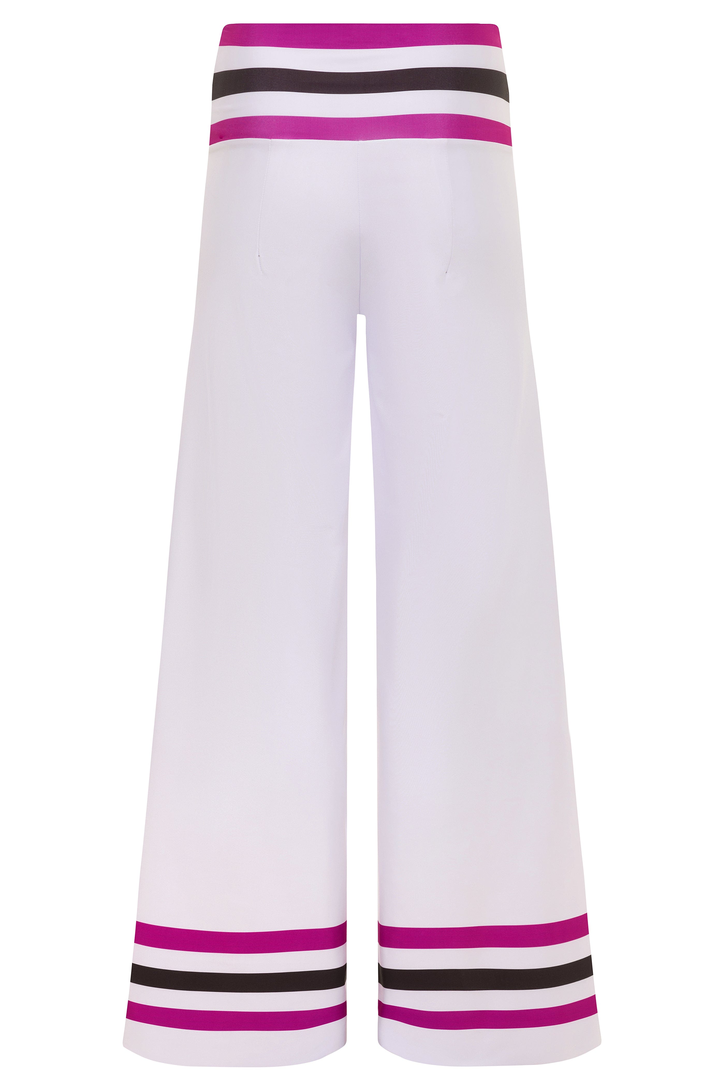 White pants with purple and black stripes on a white background