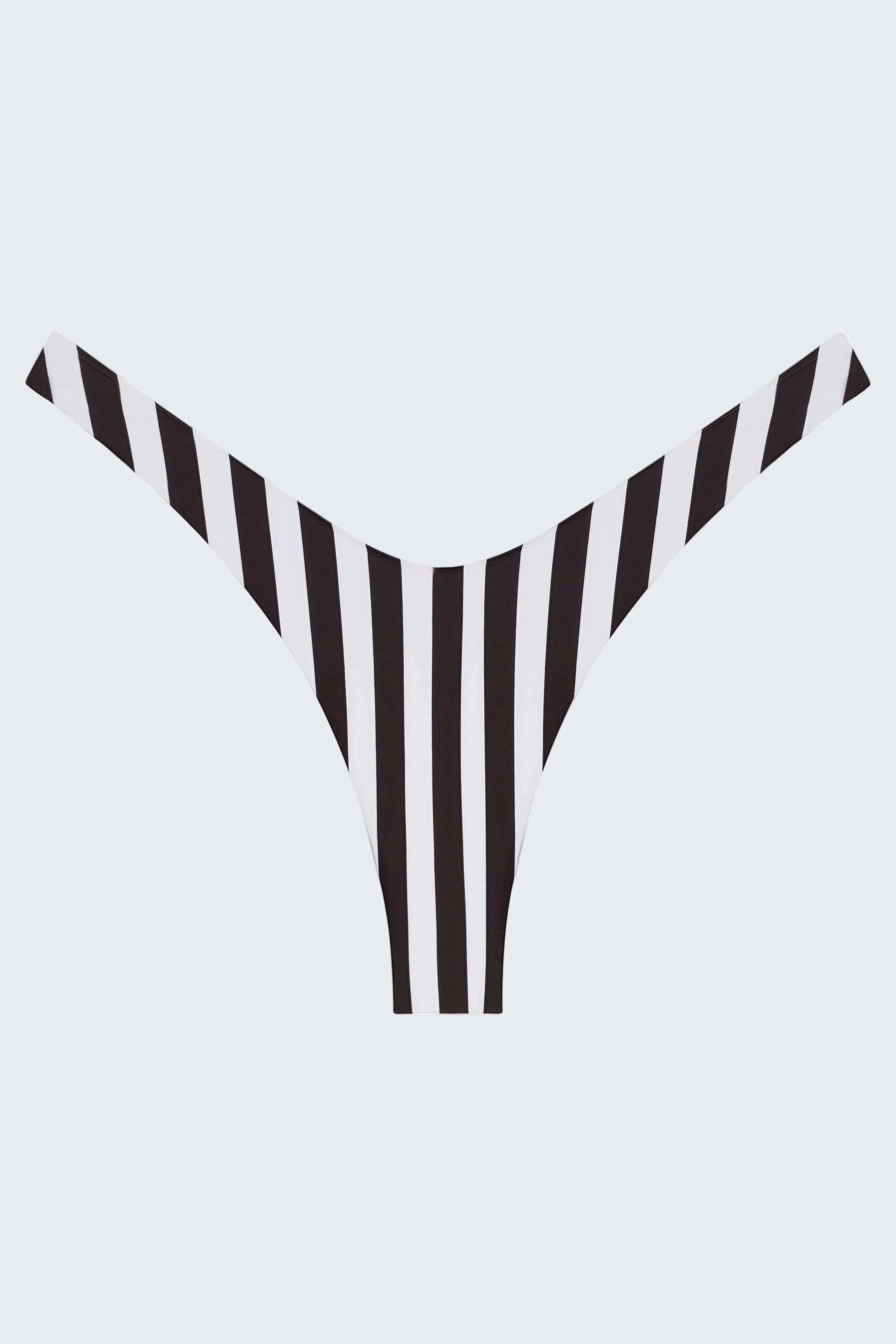 Black and white striped bikini bottom on a white background