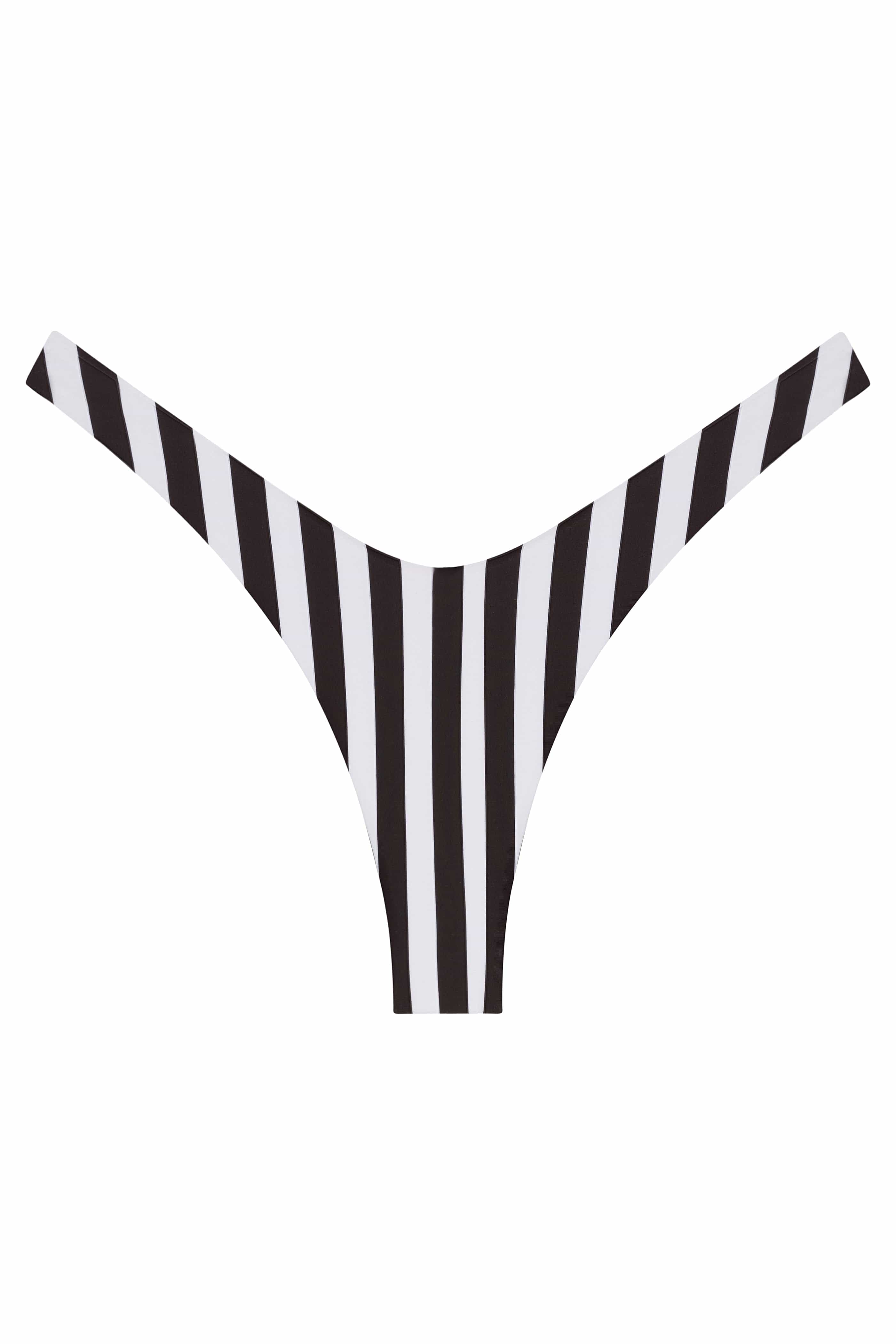Black and white vertically striped bikini bottom on a solid white background.