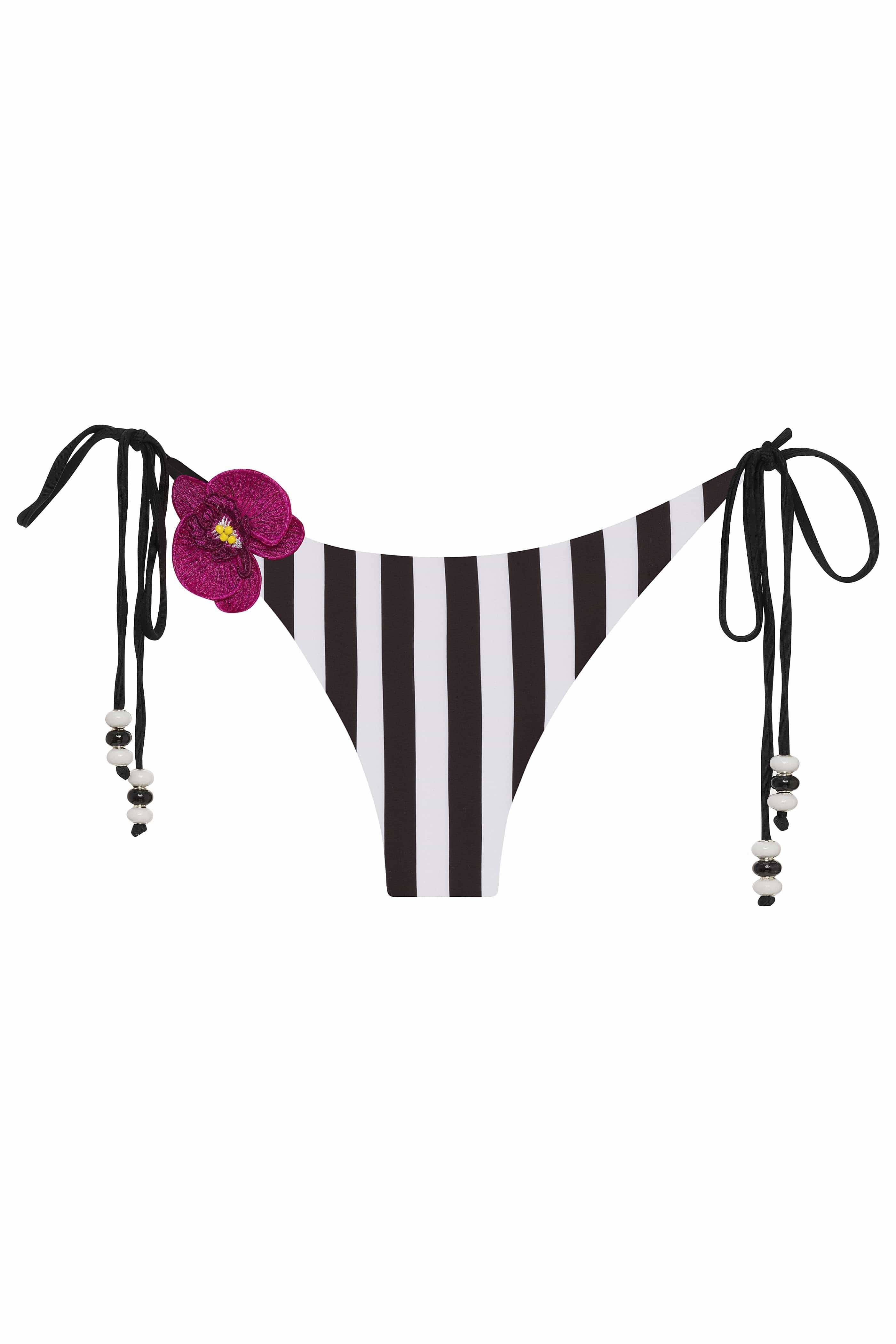 Purple bikini bottom with floral design and black straps on a white background