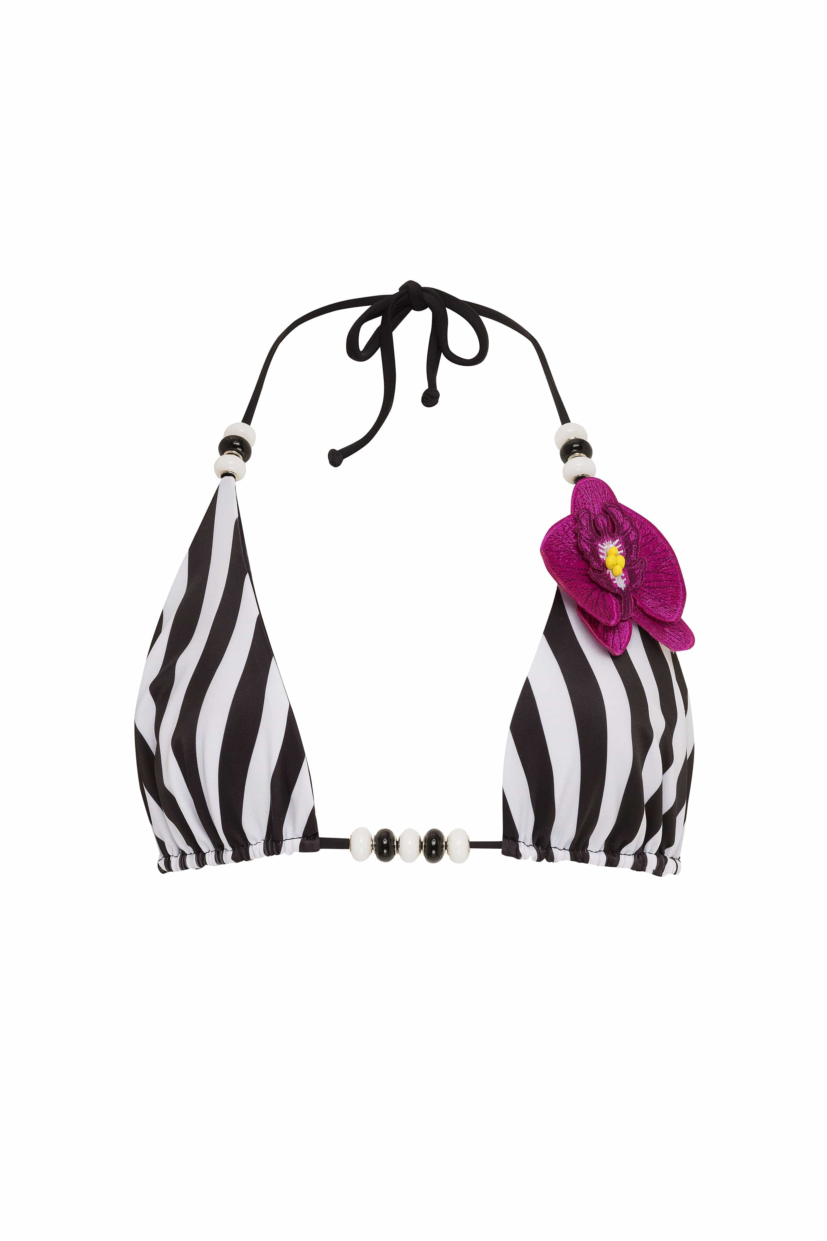 Black and white striped bikini top with a pink flower on a white background