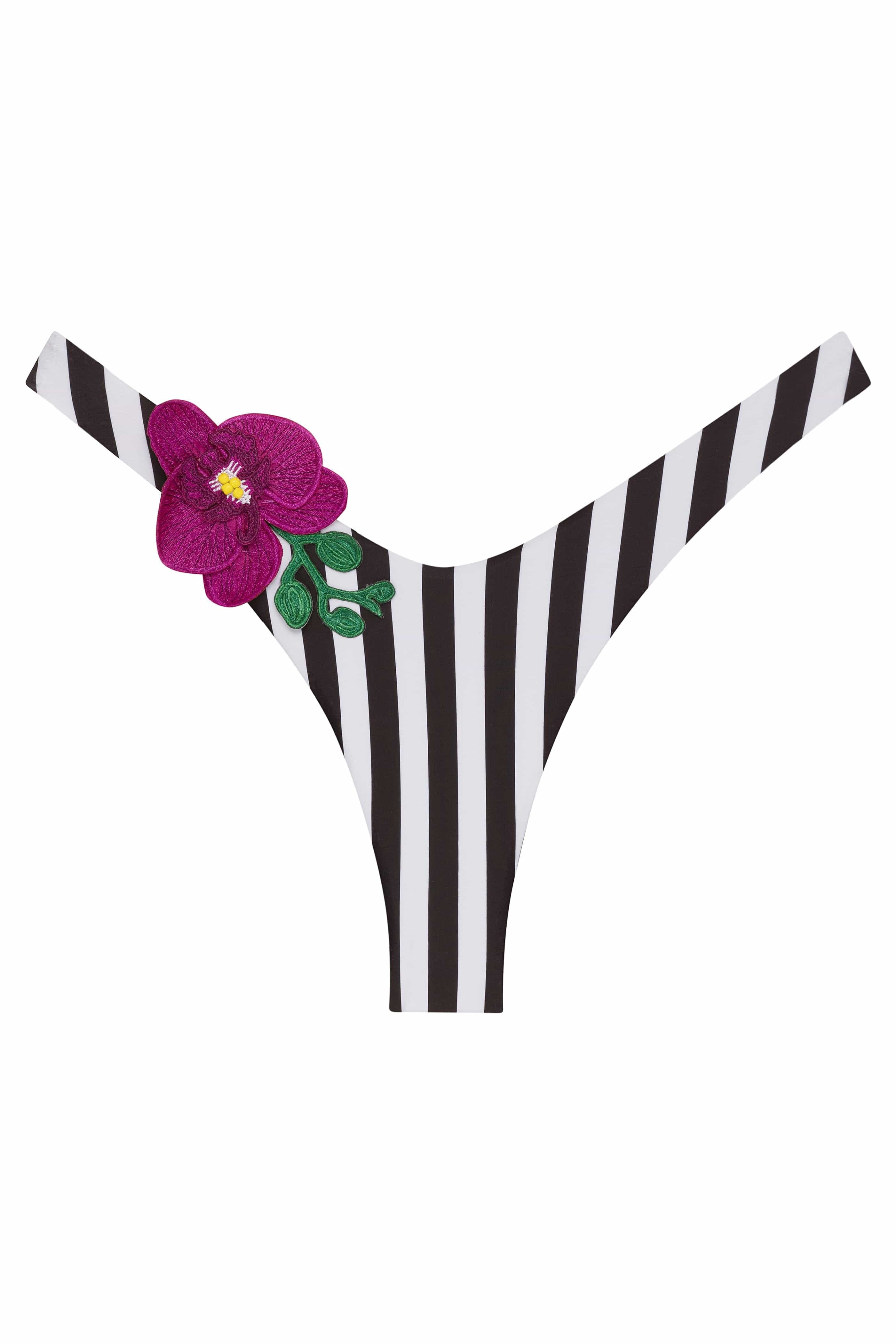 Black and white striped bikini bottom with a purple flower on a white background