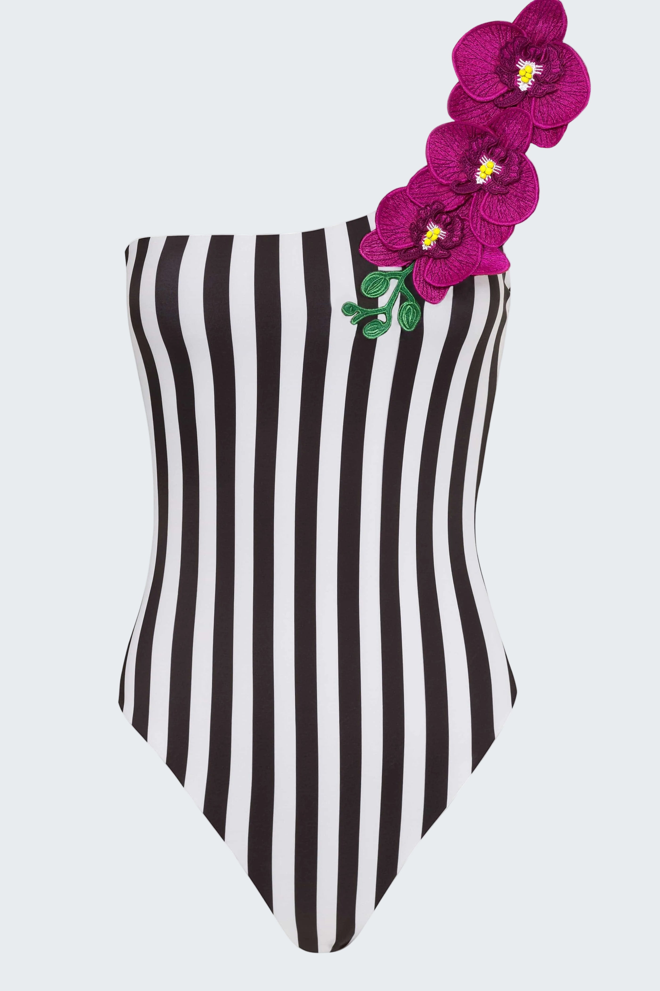 Black and white striped swimsuit with pink flowers on a white background