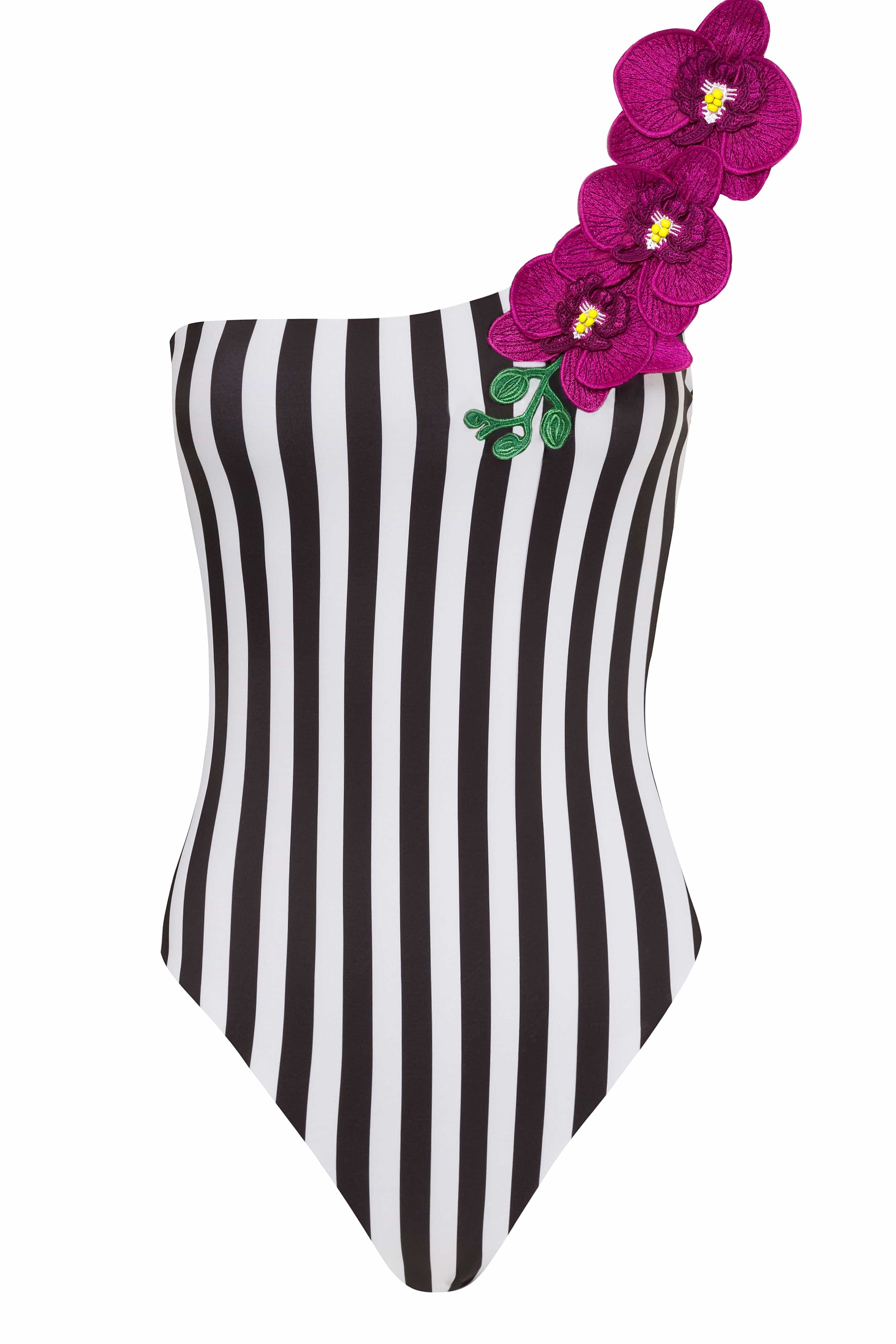 Black and white striped swimsuit with pink flowers on a white background