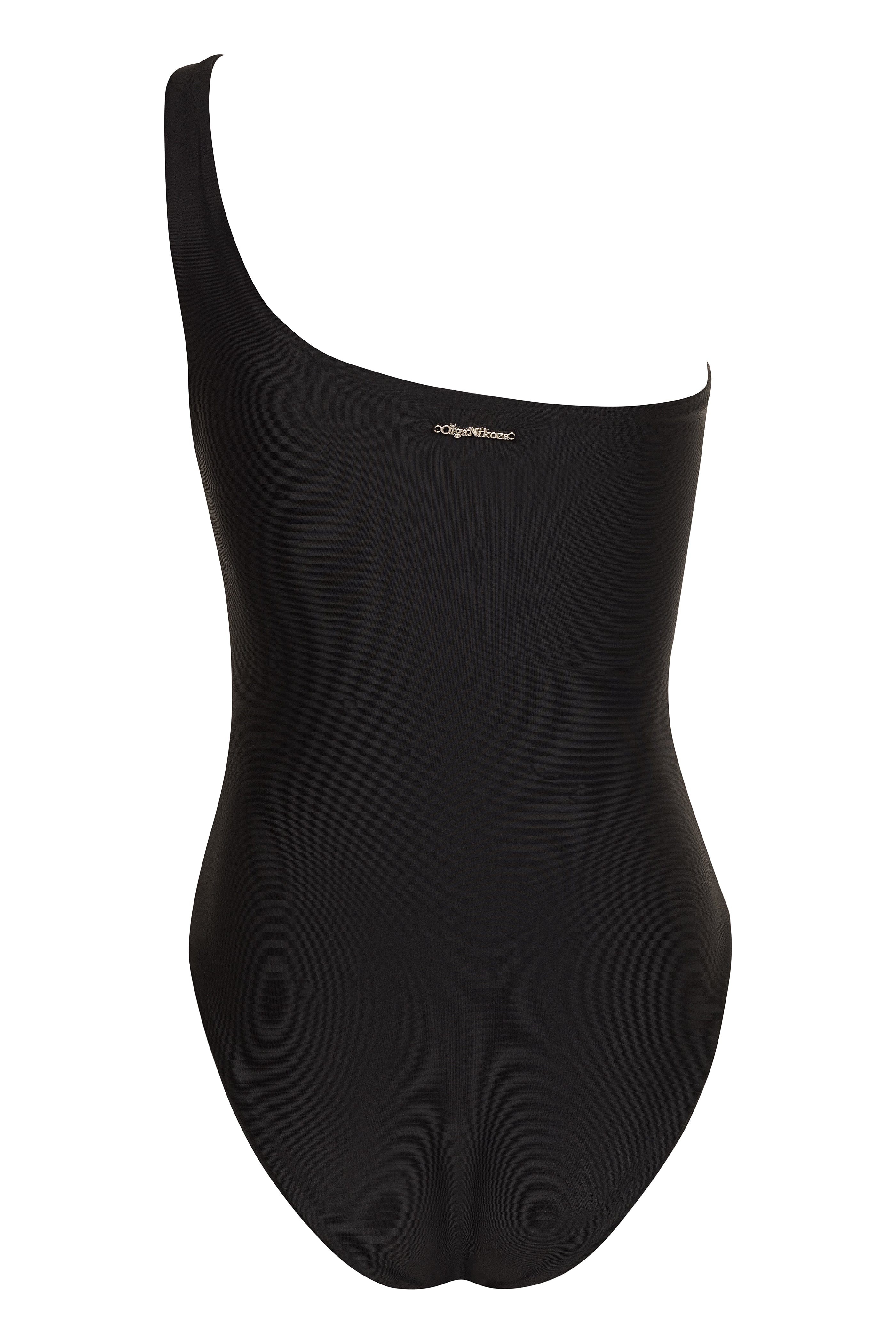 Black swimsuit with a brand logo on a white background