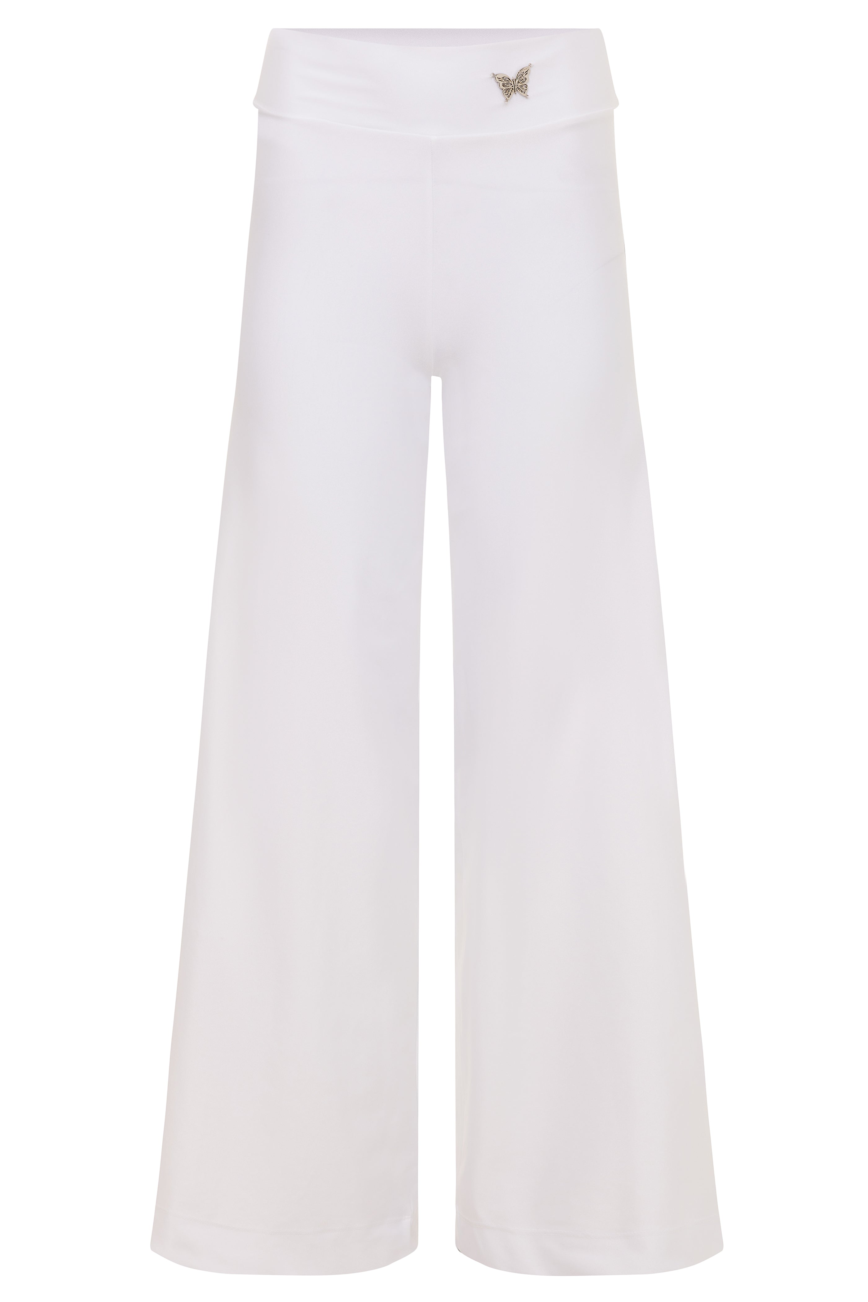 White wide-leg pants with a small embroidered design on a white background