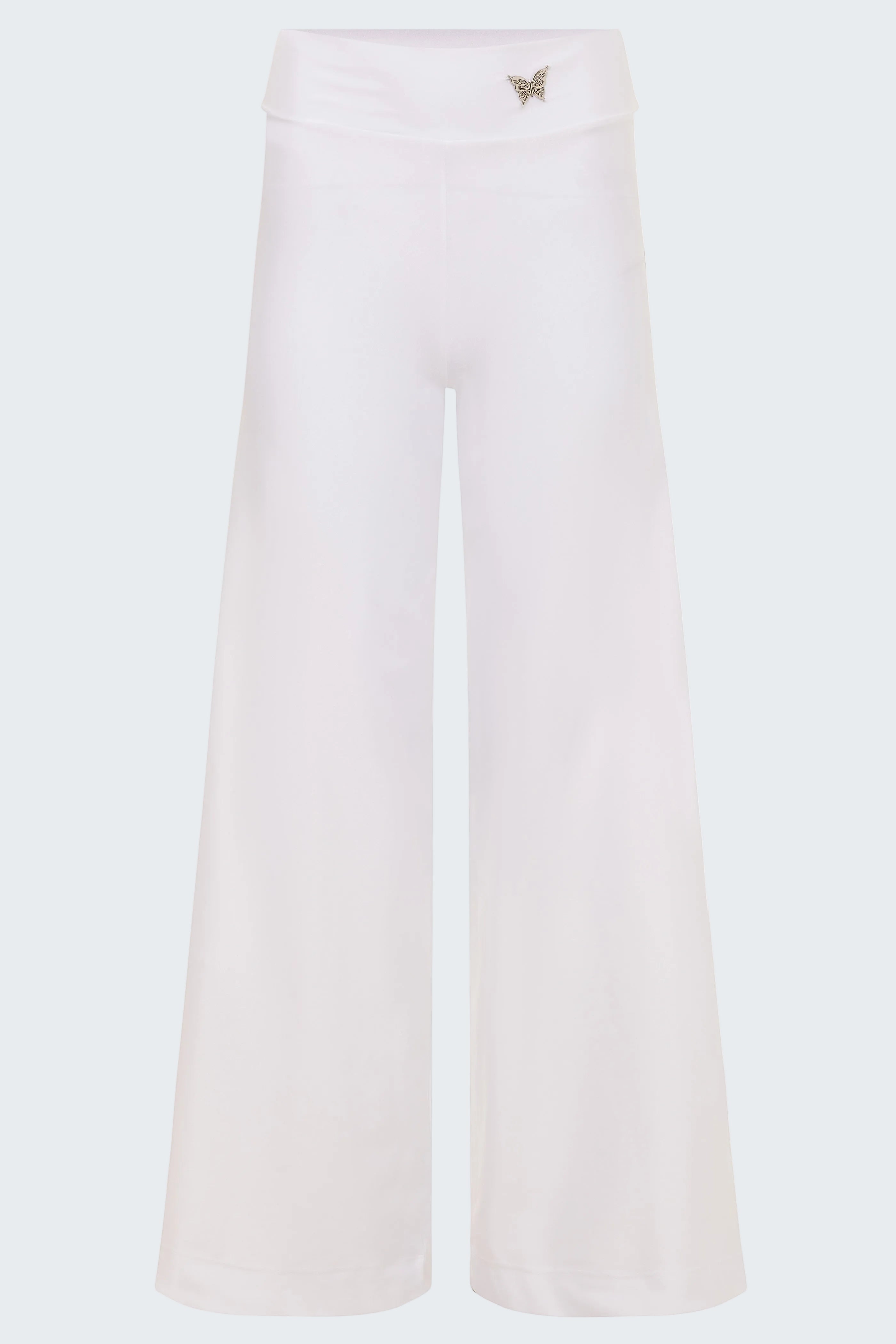 White wide-leg pants with a small embroidered design on a white background