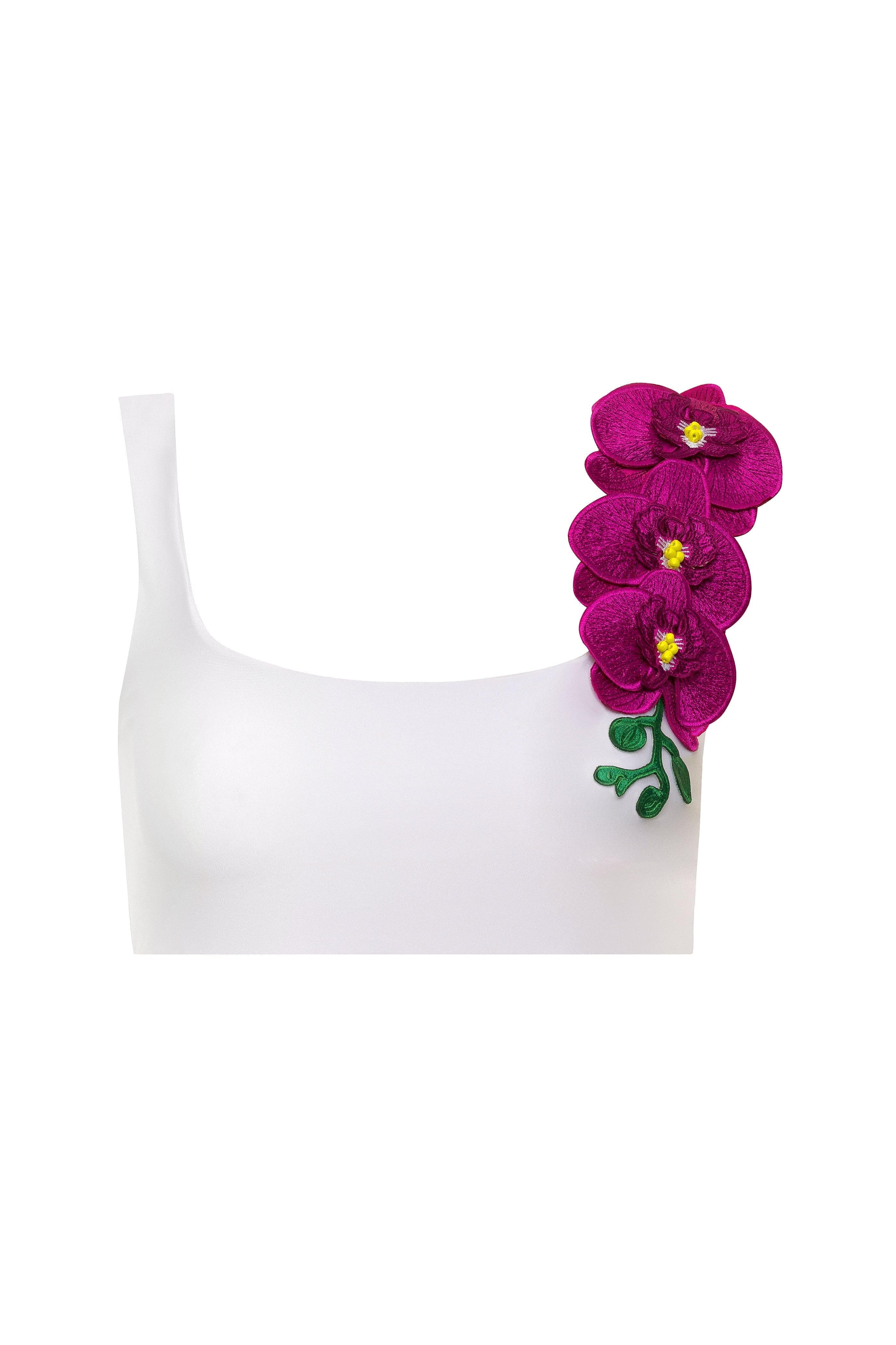White bikini top with pink floral design on a white background