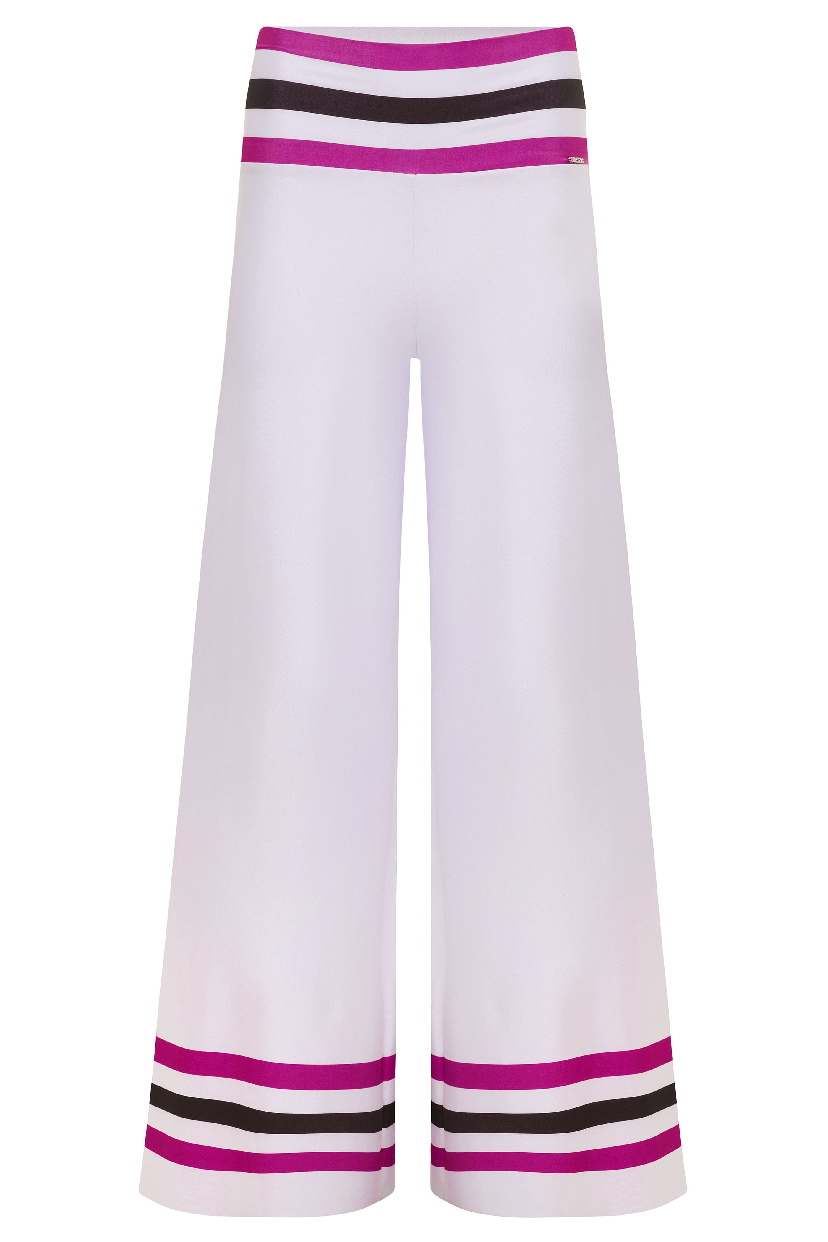 White pants with purple and black striped cuffs on a white background