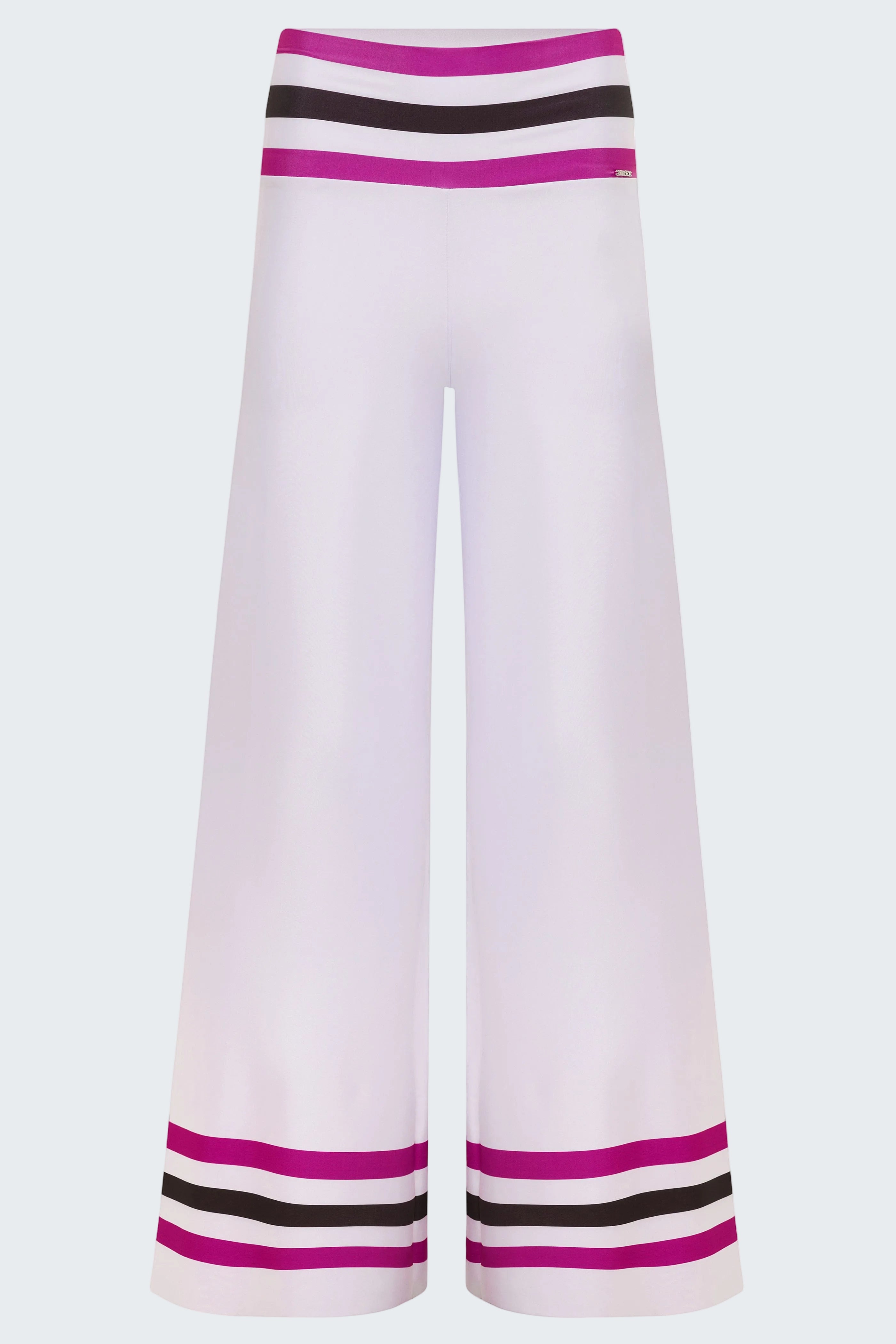 White pants with purple and black striped cuffs on a white background