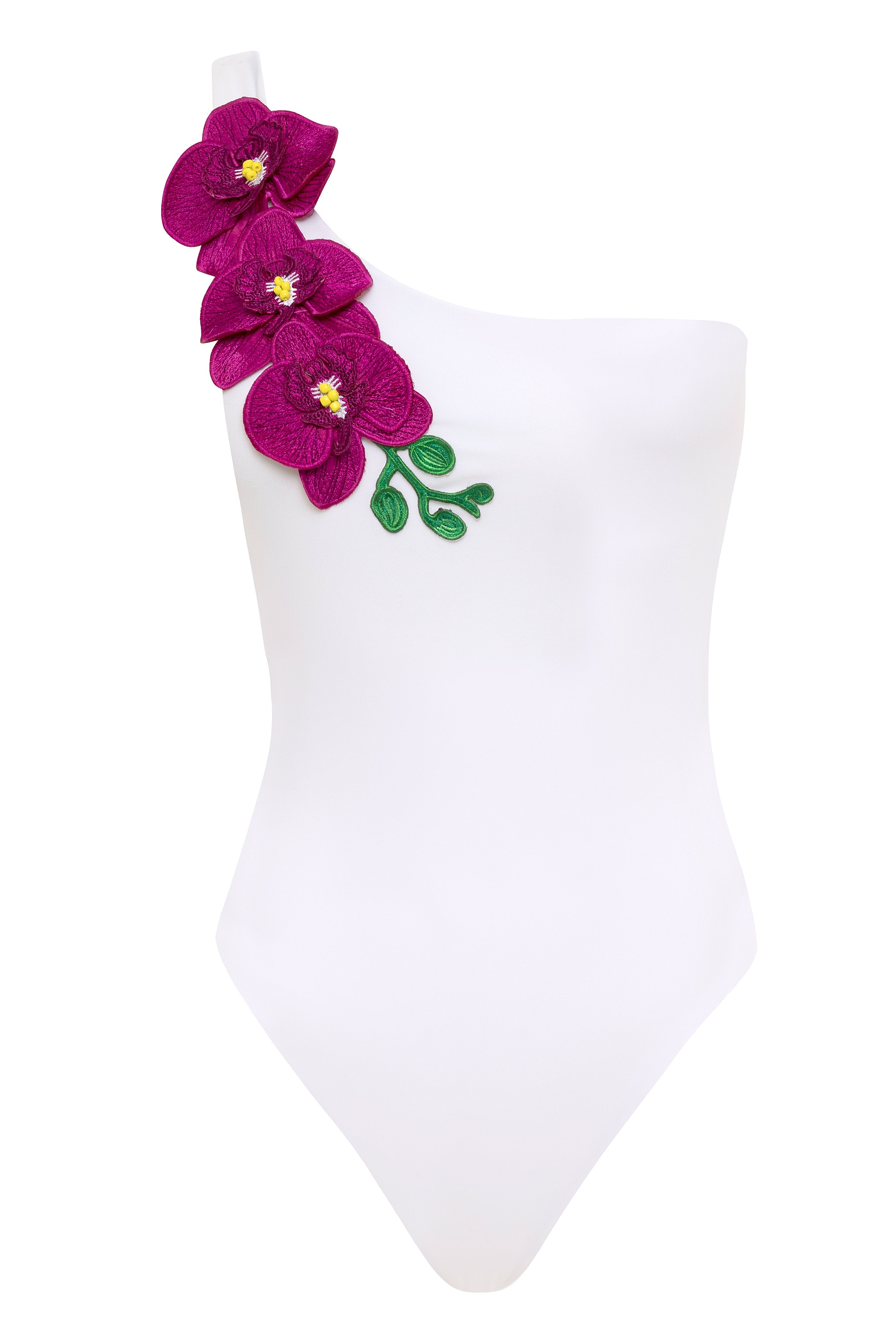 White swimsuit with purple floral design on a white background