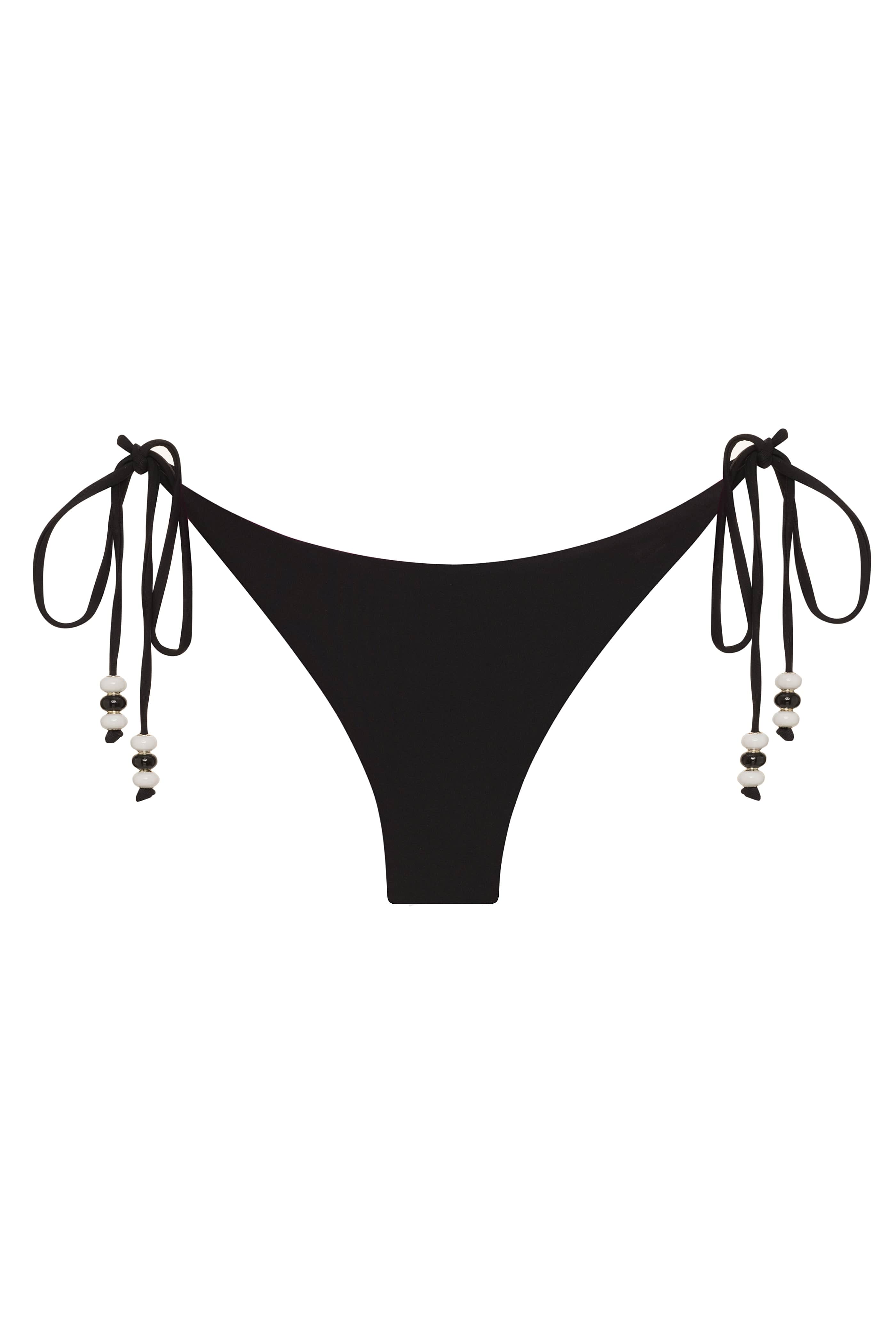 Black bikini bottom with tie sides on a white background