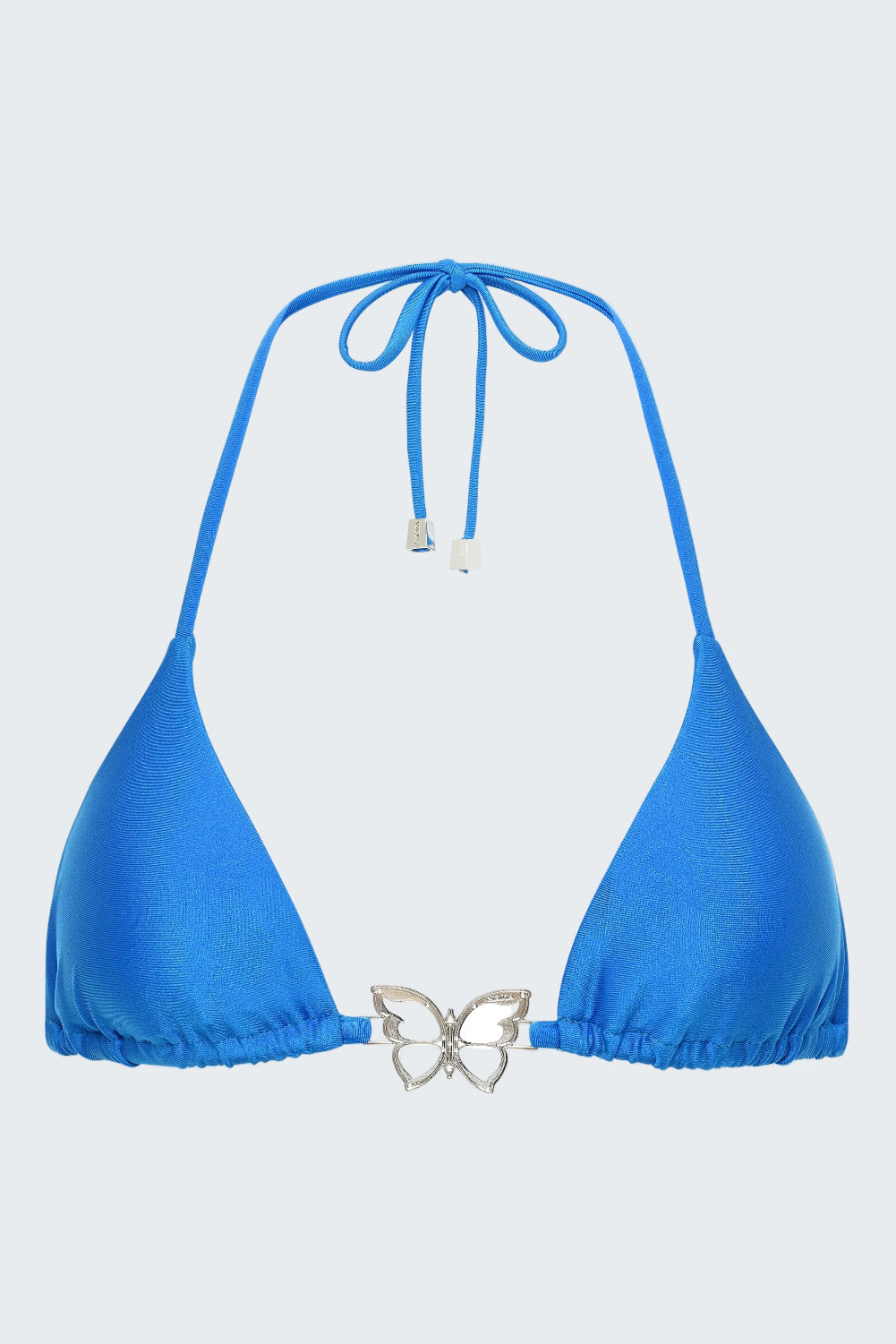 Blue bikini top with butterfly detail on a white background