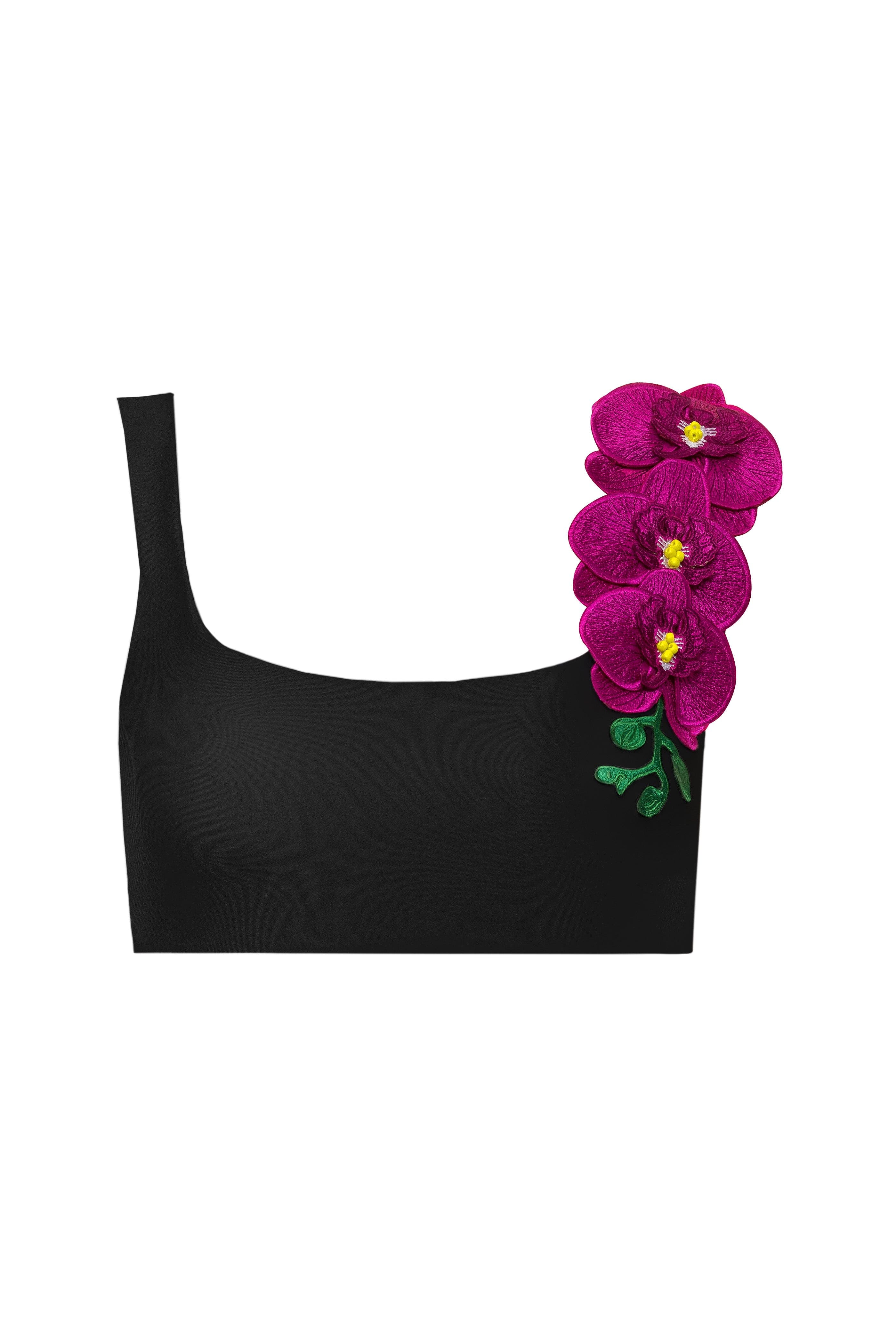 Black top with pink floral embellishments on a white background