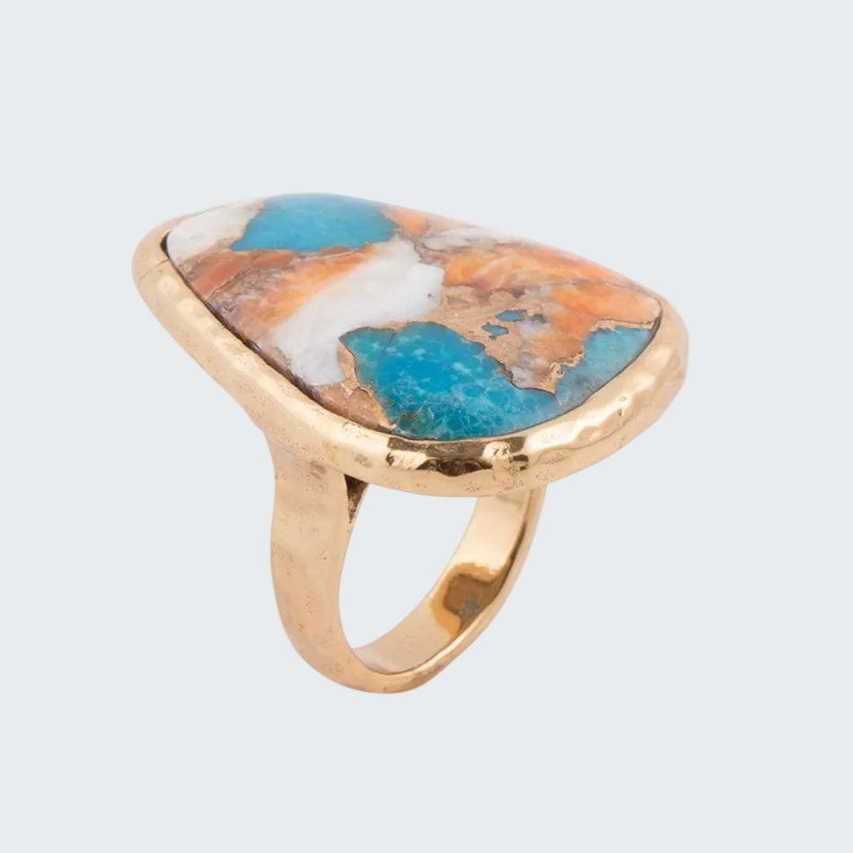 Ring with a colorful stone and gold band on a white background