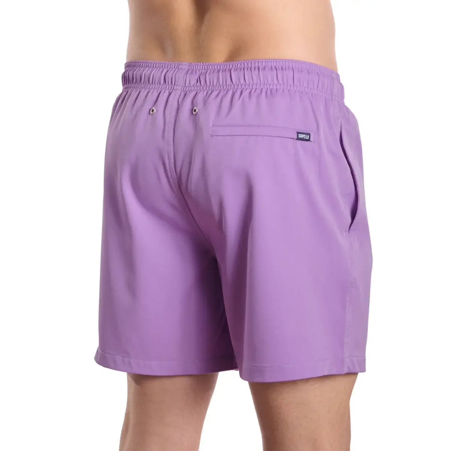 Purple swim shorts on a white background