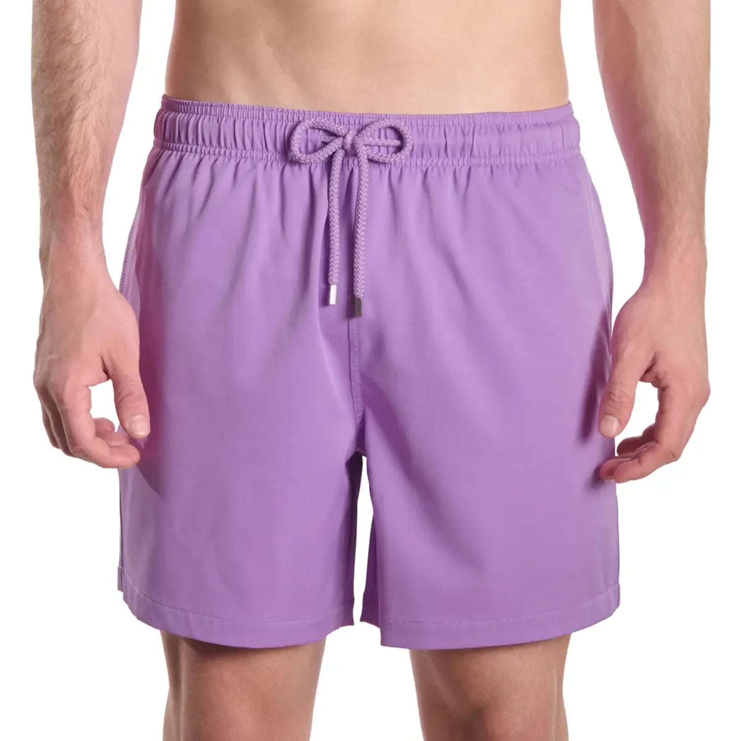 Purple shorts with a drawstring on a white background