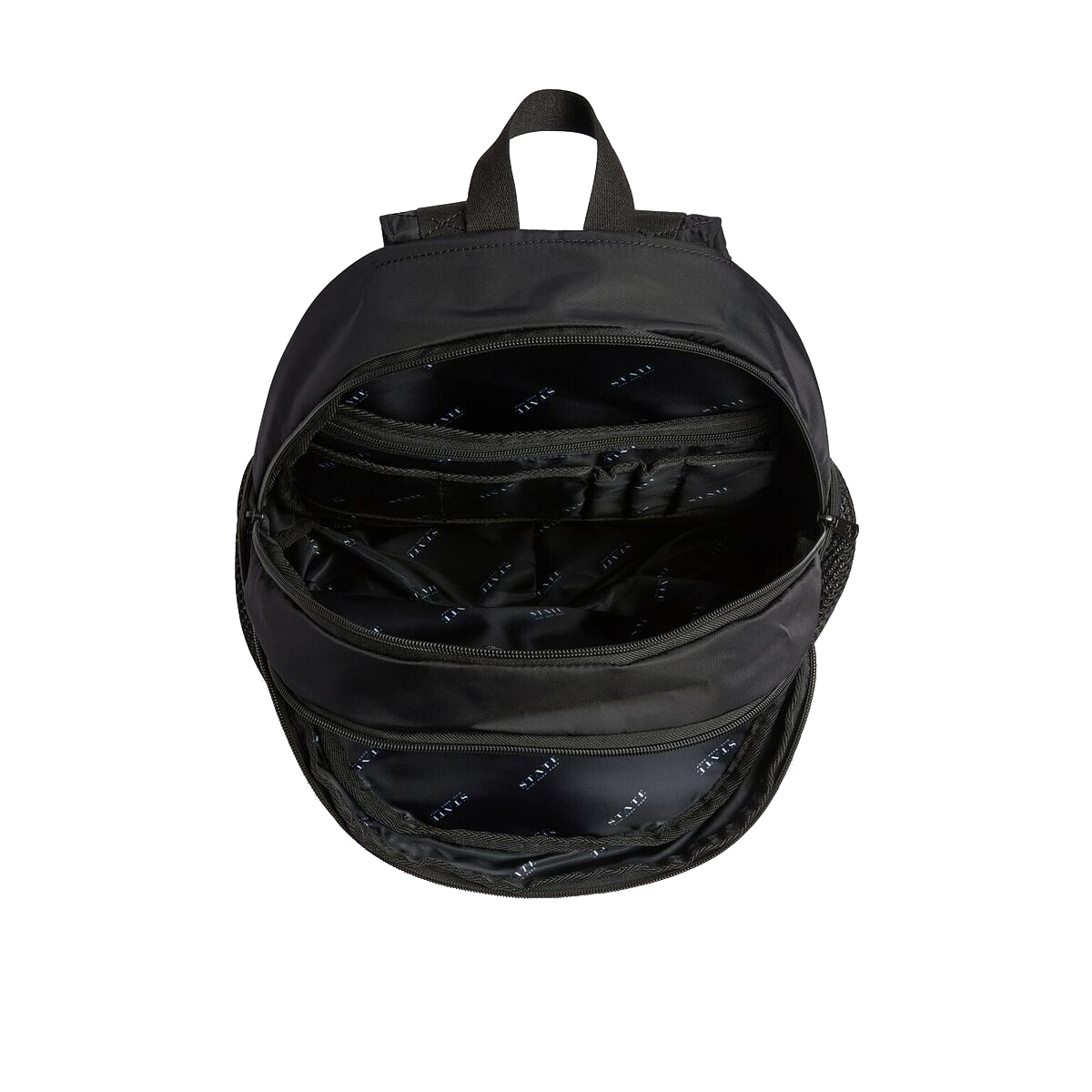 Black backpack with open front compartment on a white background