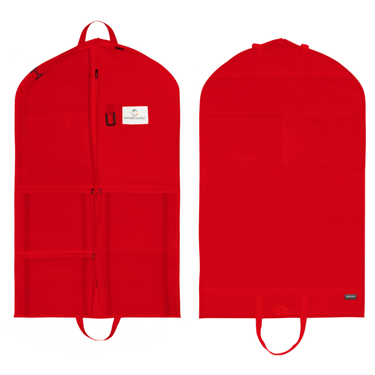 A bright red garment dust bag shown from both the front and back views against a solid white background. The front view features a central zipper, a small white brand label, and a lower pocket section, while the back view shows a flat, unlined fabric surface with a hanging loop at the bottom.