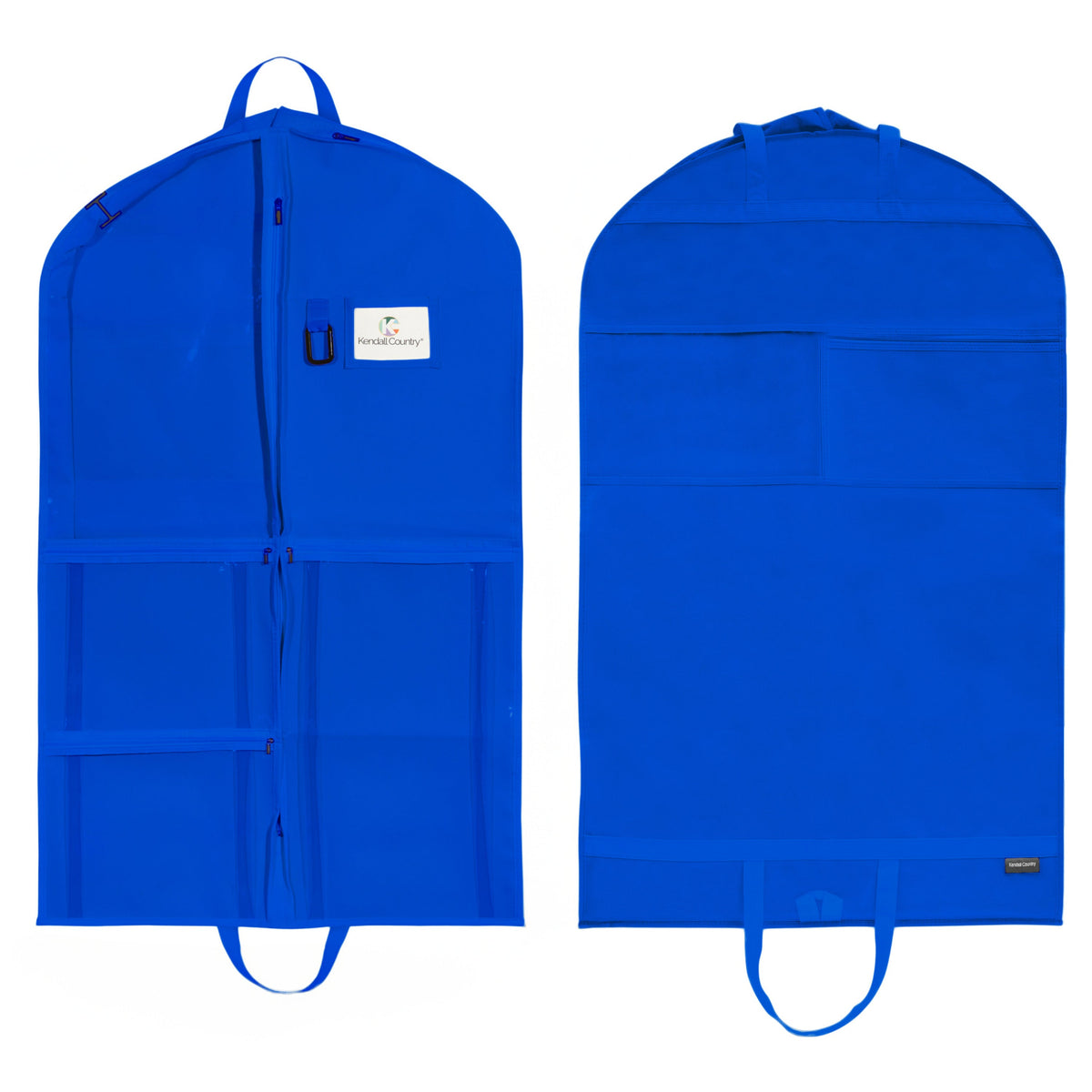 A royal blue garment bag shown from both the front and back against a plain white background. The front features a zipper closure, a small white brand label, and multiple zippered and open pockets.