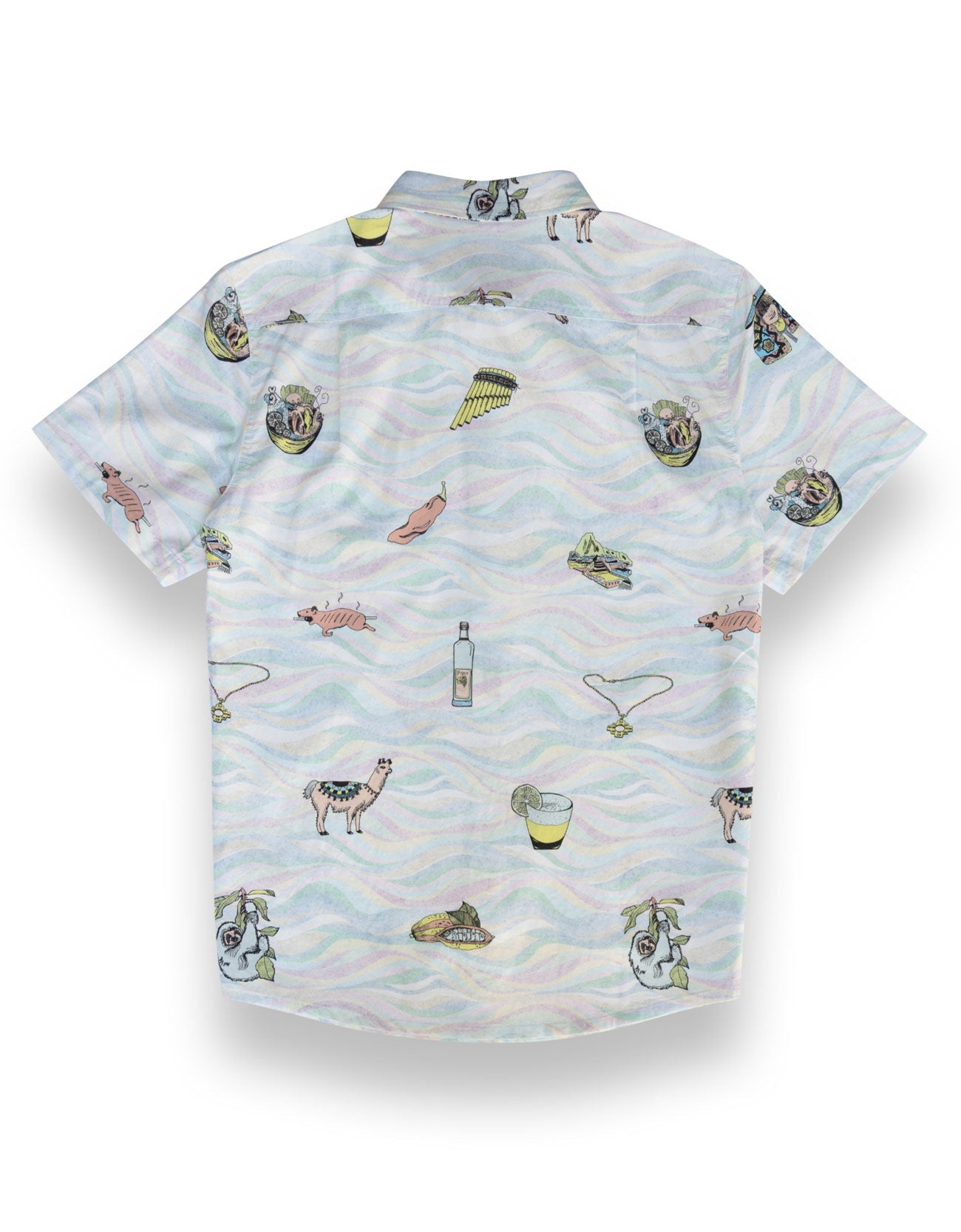 A short-sleeve button-up shirt with a light blue and white wavy pattern, featuring a scattered print of various cartoon-style tropical and beach-themed illustrations including a palm tree, a bottle, a margarita glass, and a llama.