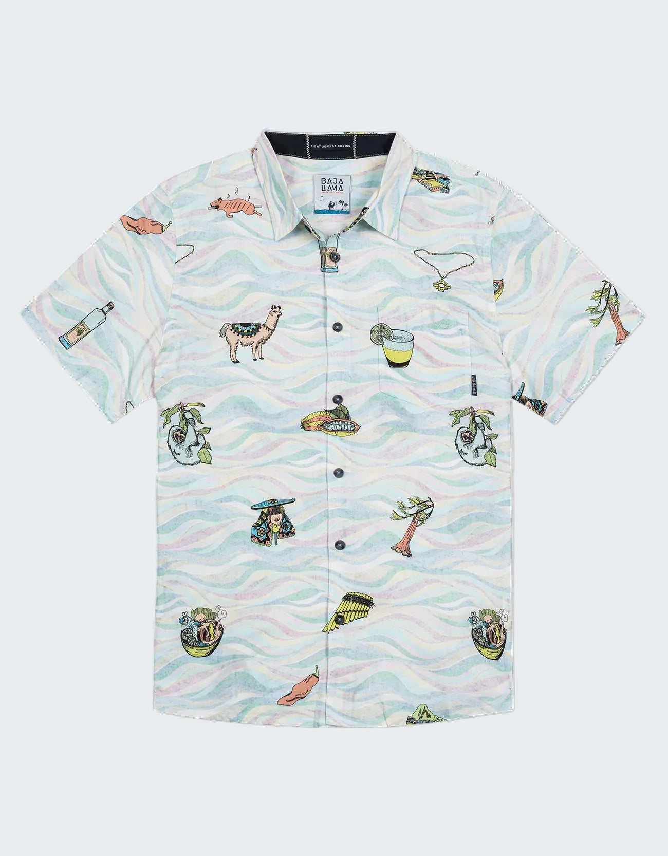 A short-sleeve button-up camp shirt by Branded Play featuring a light blue, white, and pink wavy pattern with tropical illustrations including palm trees, a llama, a margarita glass, and fish.