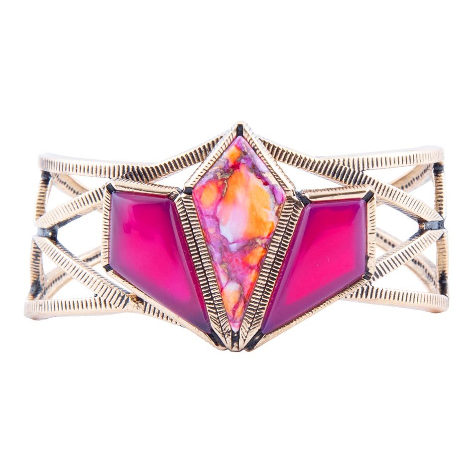 Geometric bracelet with pink and orange gemstones on a white background
