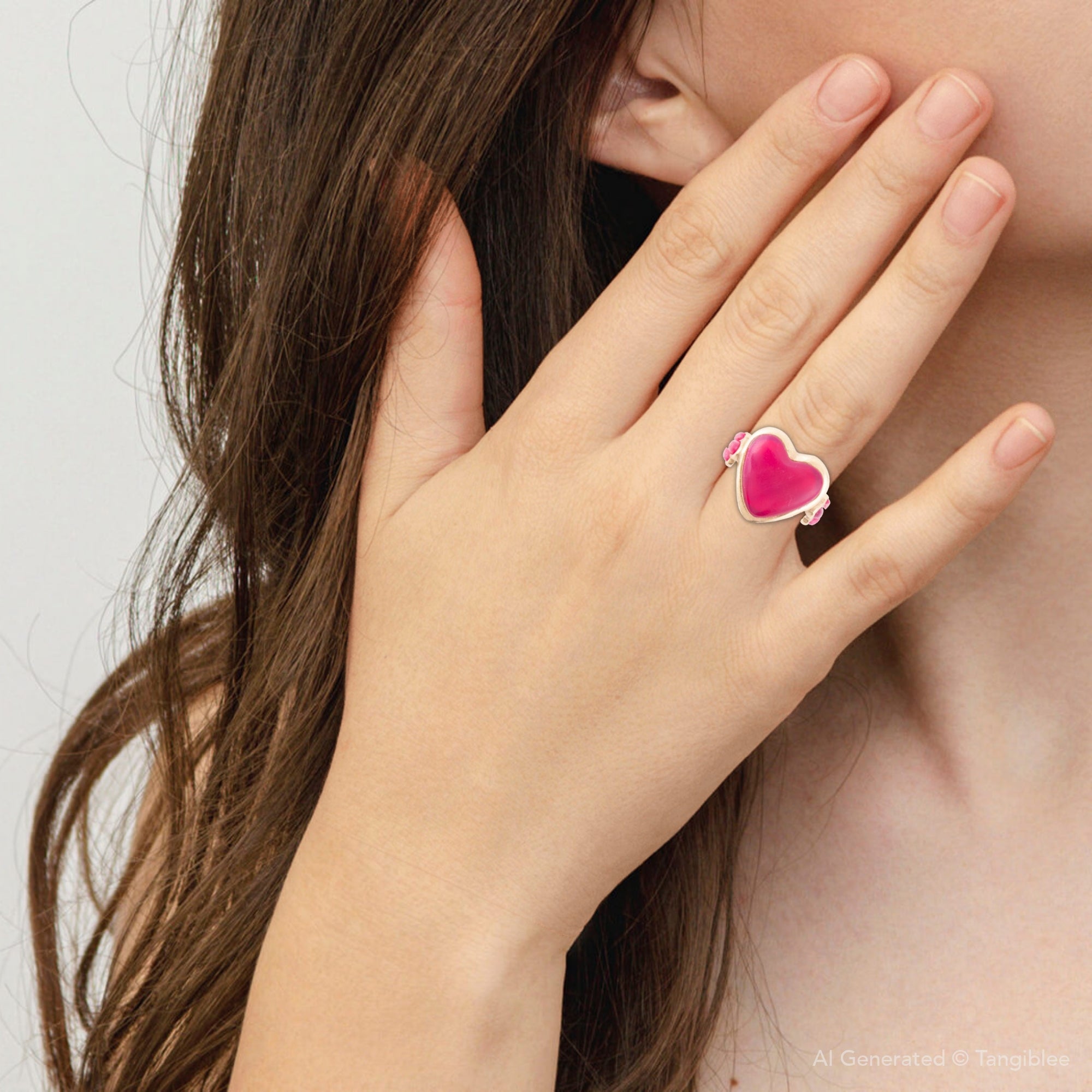 Close-up of a hand wearing a pink heart-shaped ring on a neutral background