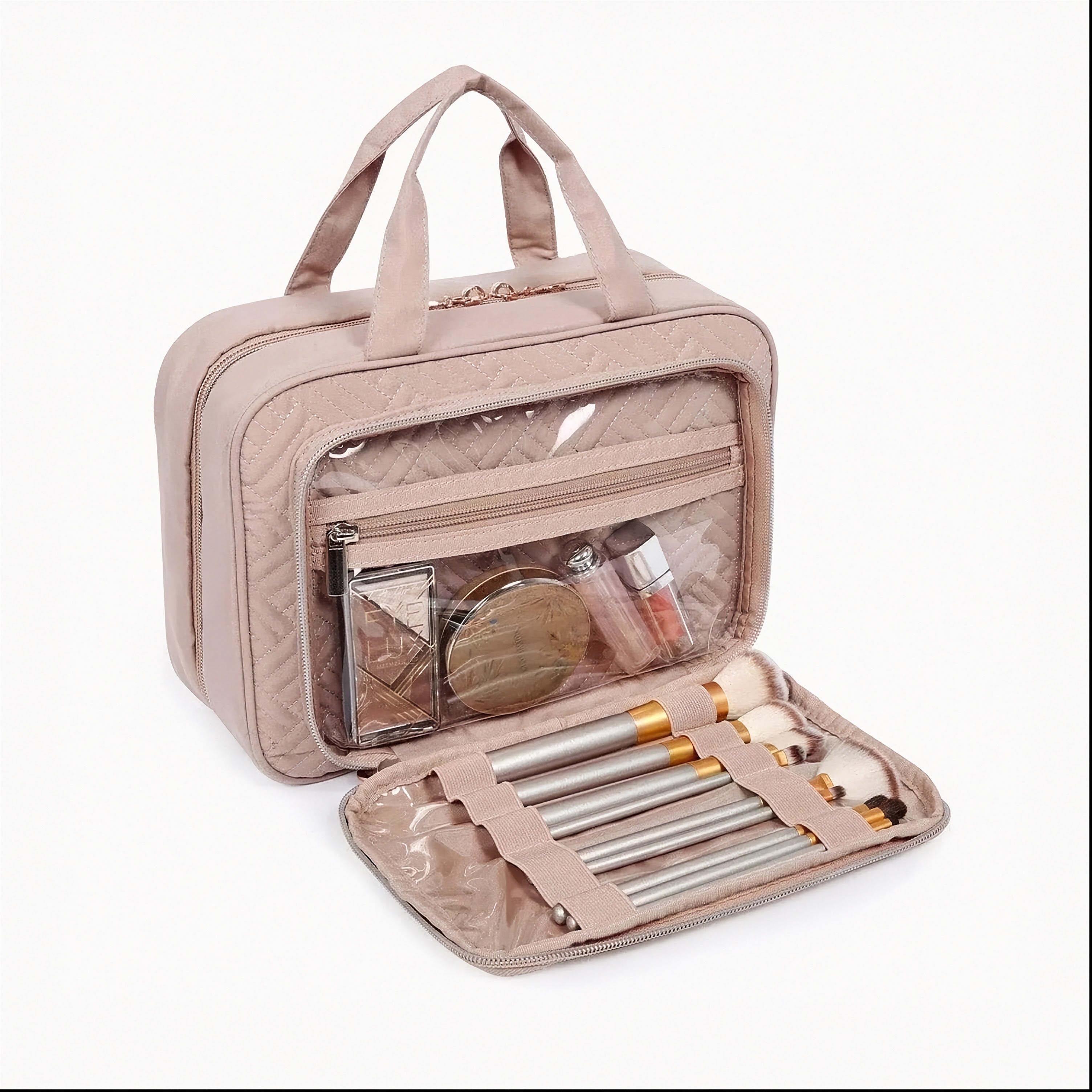 Pink makeup bag with visible cosmetic items on a white background