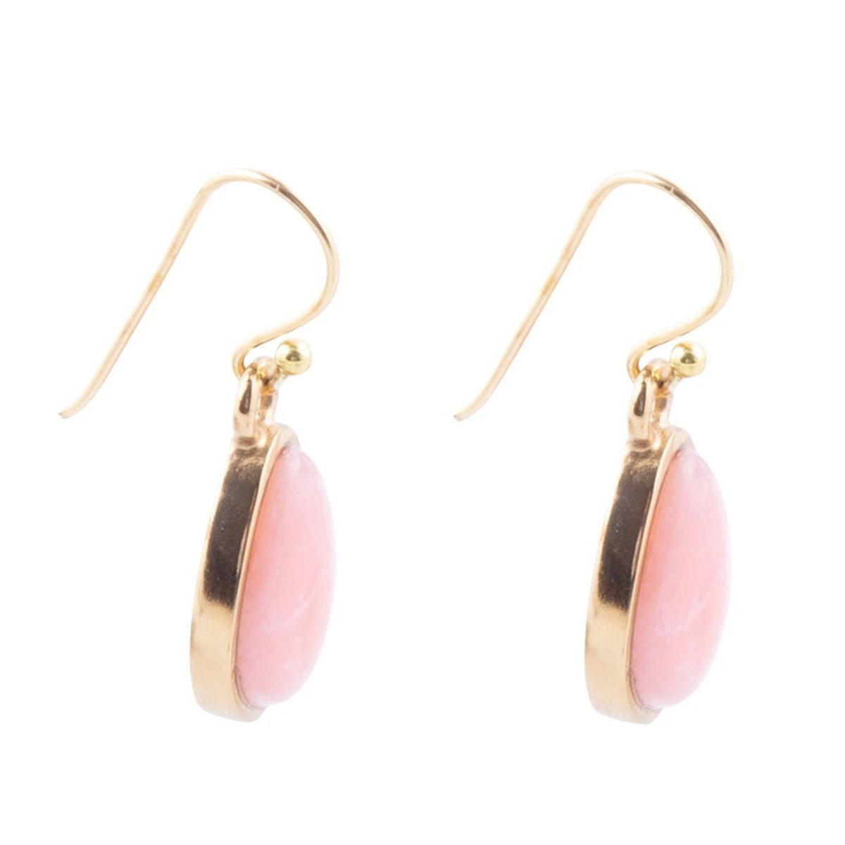 Gold earrings with pink oval stones on a white background