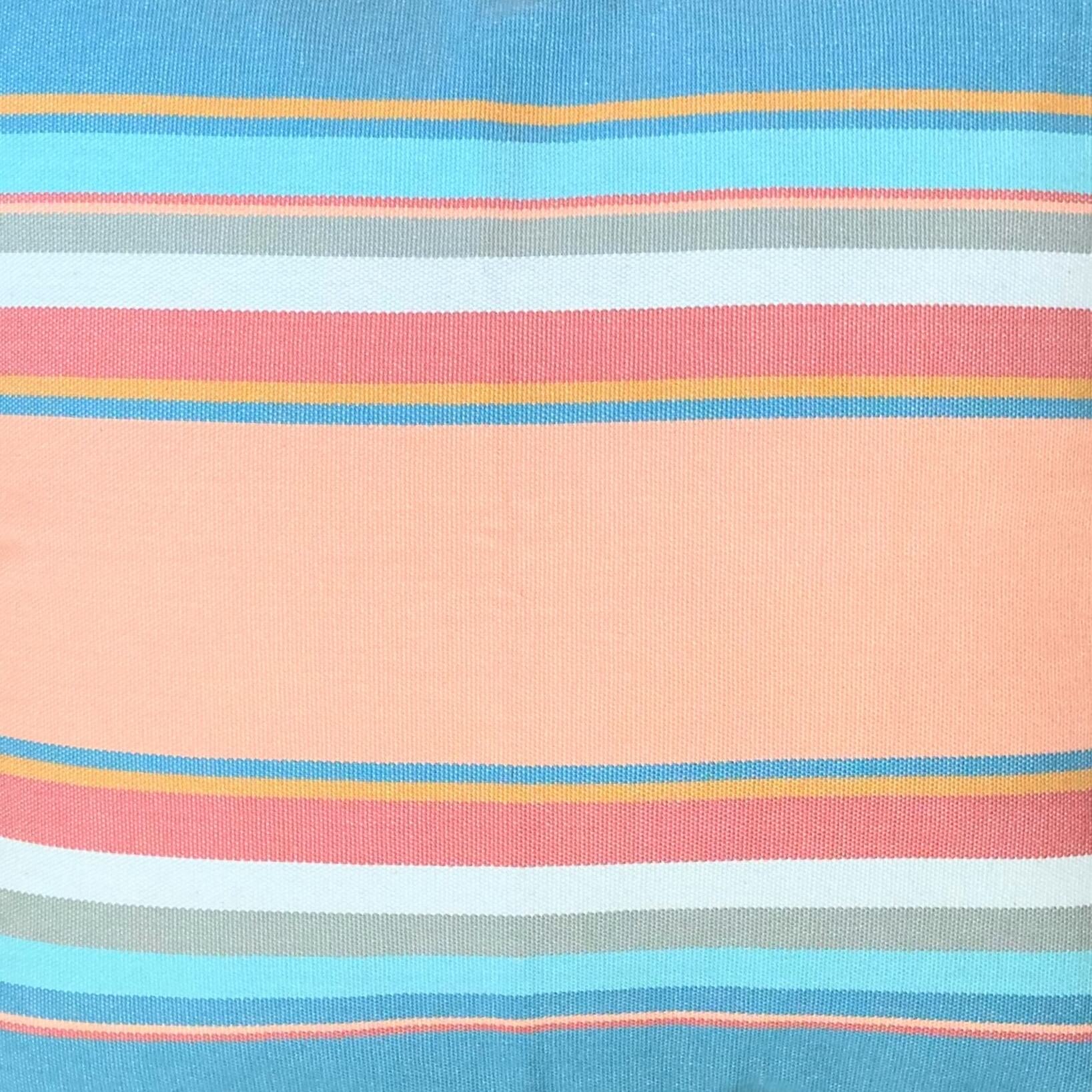 Close-up of fabric with multicolored horizontal stripes on a blue background