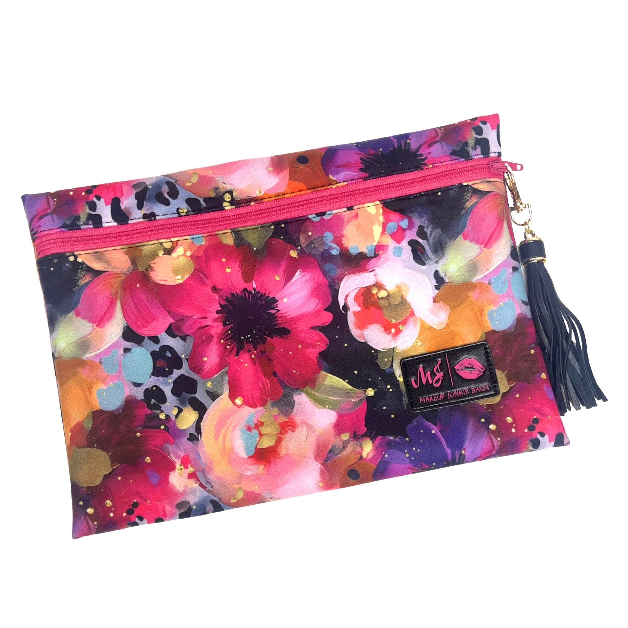 Colorful floral pouch with a brand logo on a white background