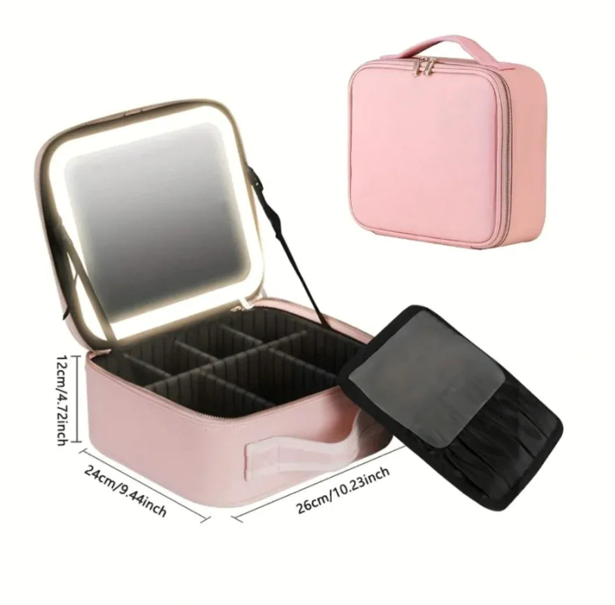 Pink travel makeup case with mirror and dimensions on a white background