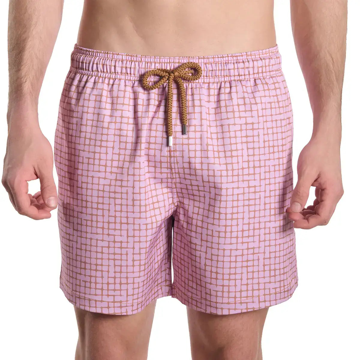 Pink checkered swim shorts with a brown drawstring on a white background