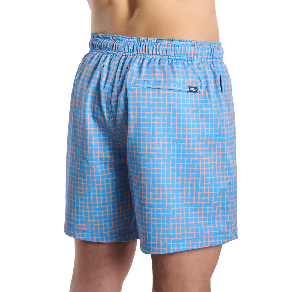 Blue checkered shorts worn by a person on a white background