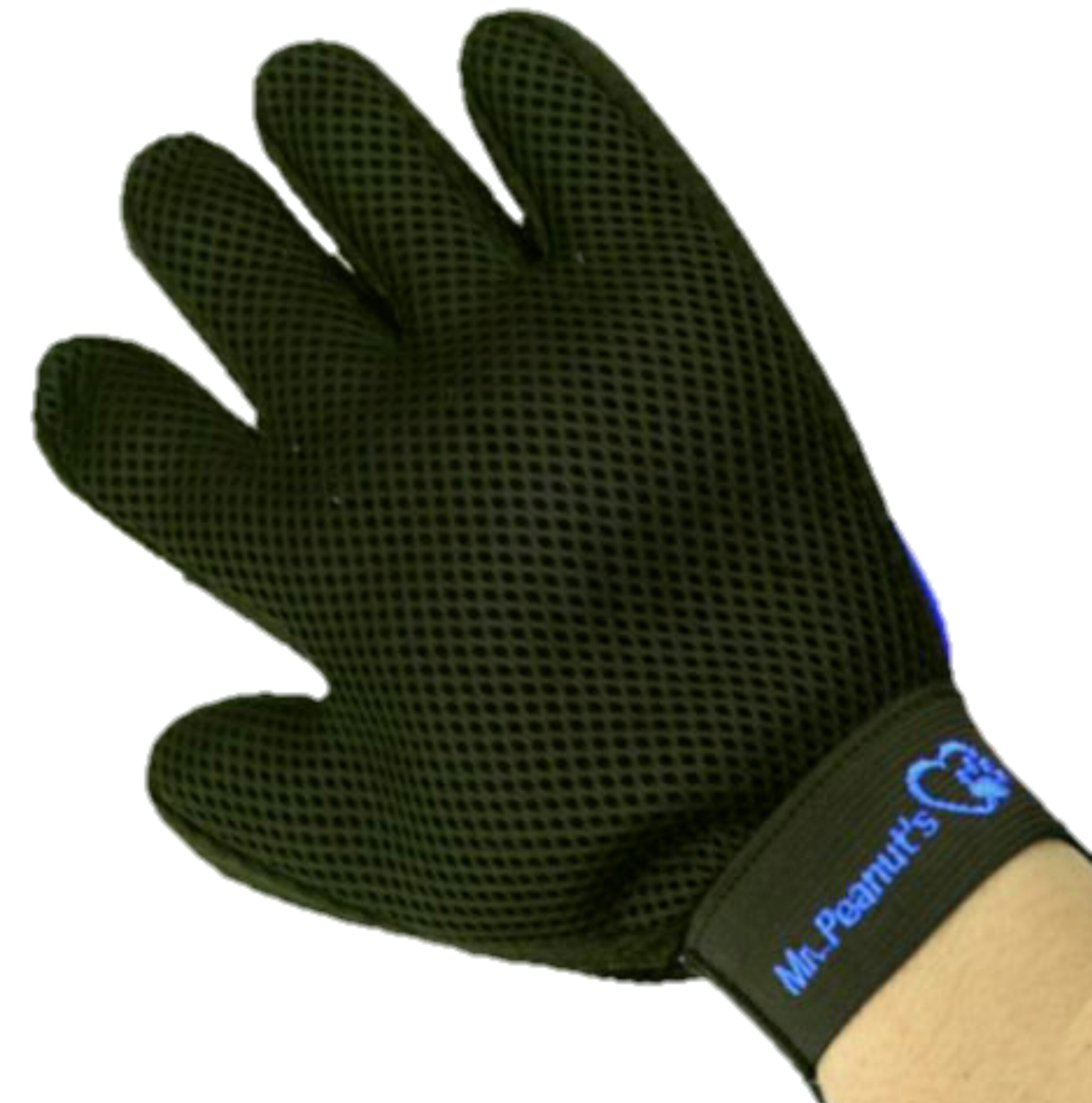 Black glove with textured palm and 'Mr. Peanut's' branding on a white background