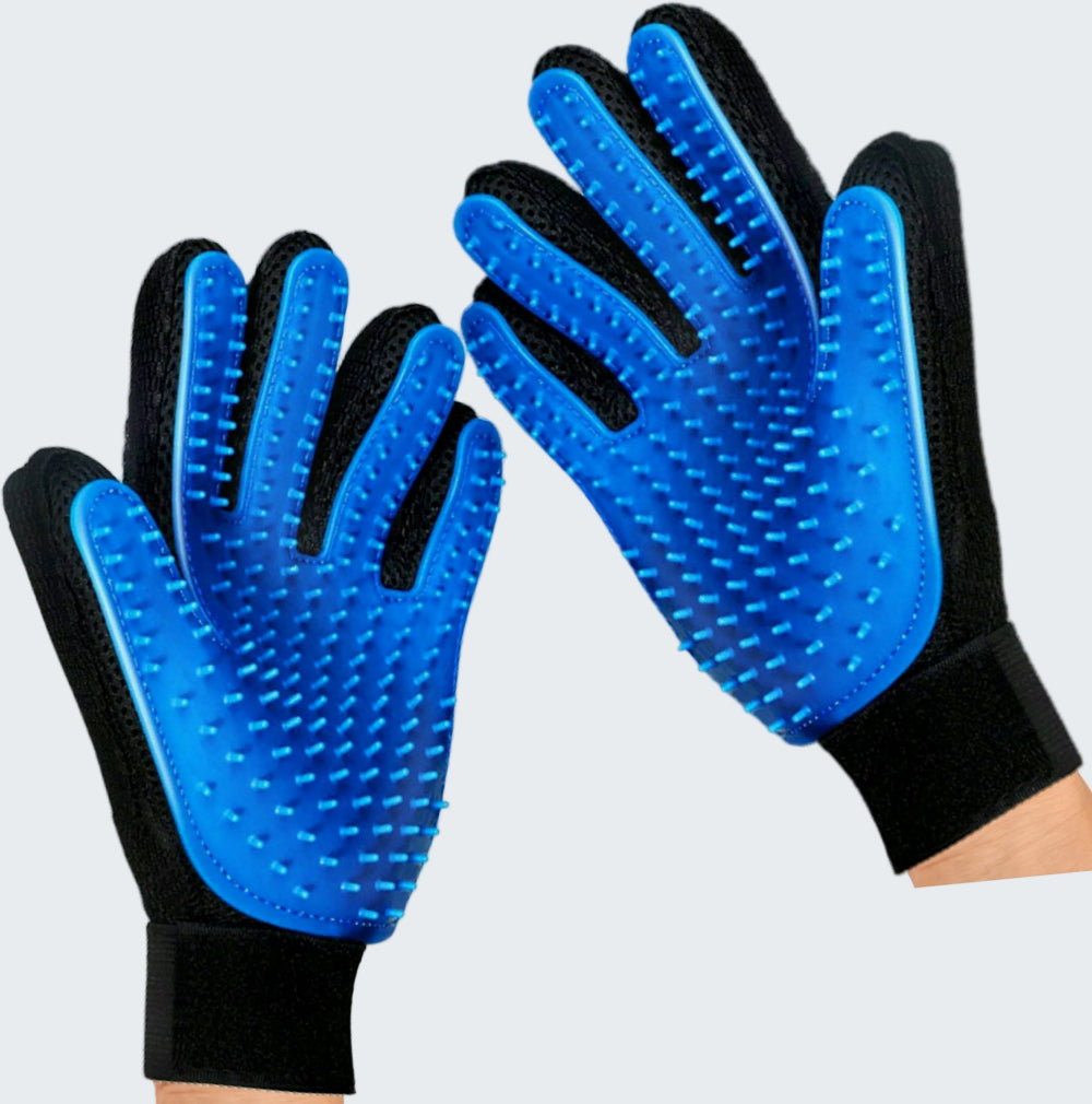 Blue grooming gloves with black accents on a white background