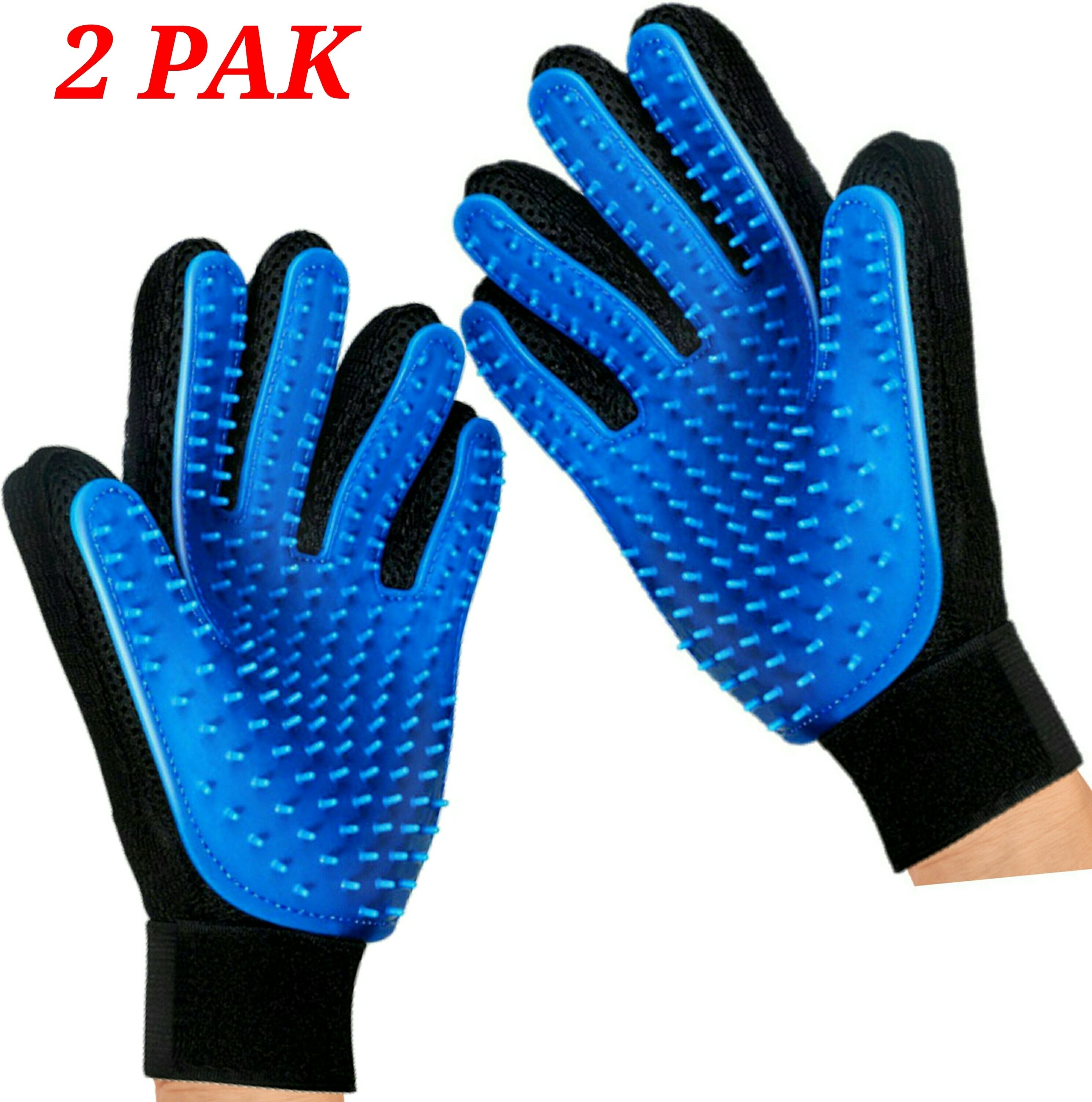 Two blue grooming gloves with black cuffs on a white background, labeled '2 PAK'.