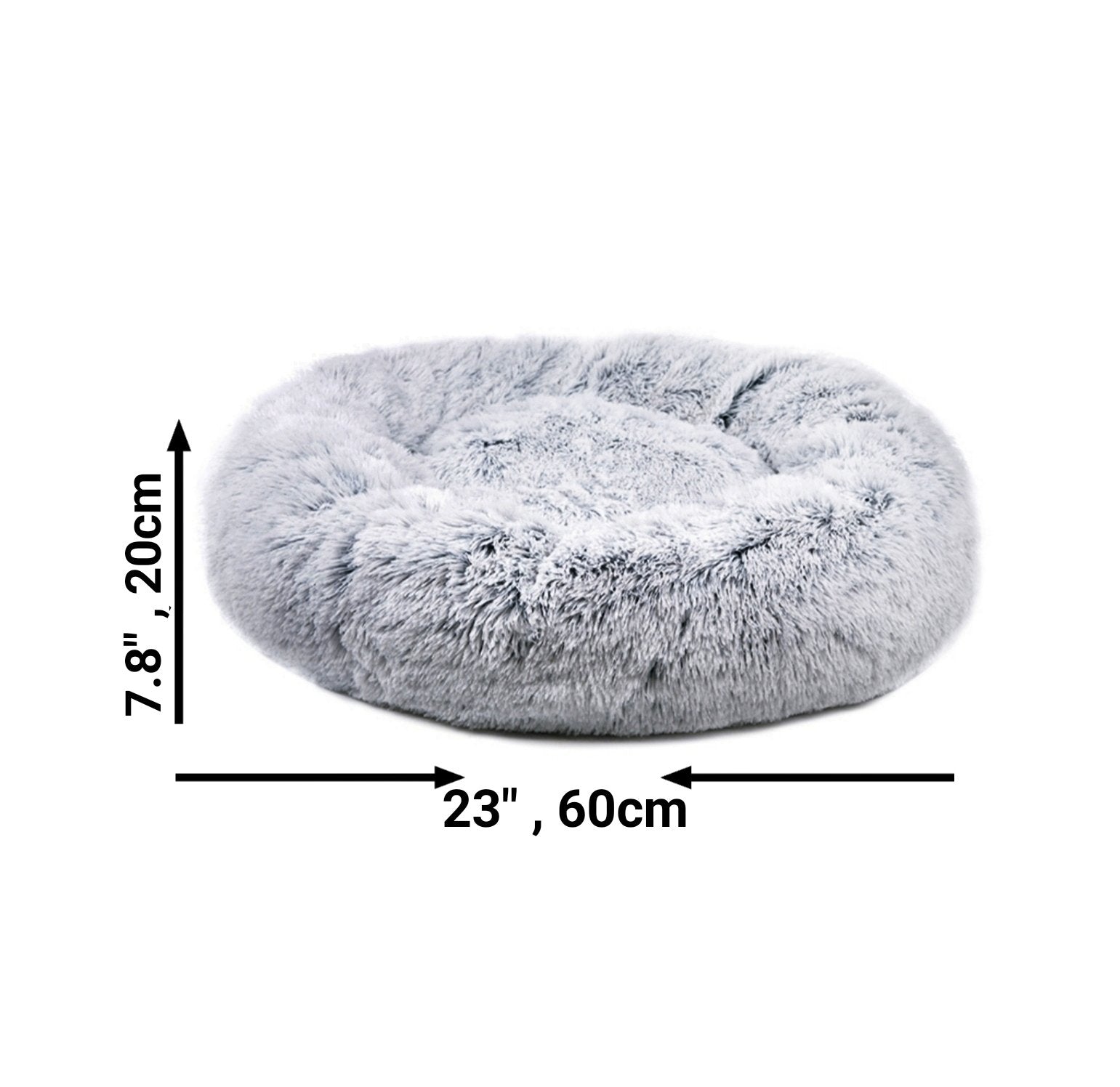 Gray donut-shaped pet bed with measurements on a white background
