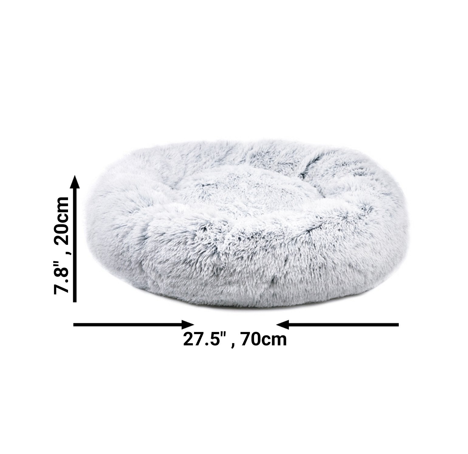 Fluffy gray pet bed with measurements on a white background