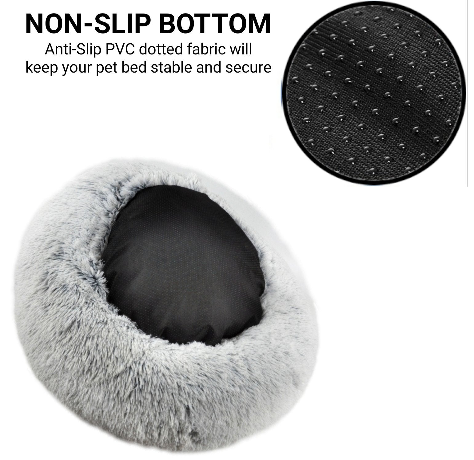 Gray pet bed with anti-slip bottom feature and close-up of the fabric texture.