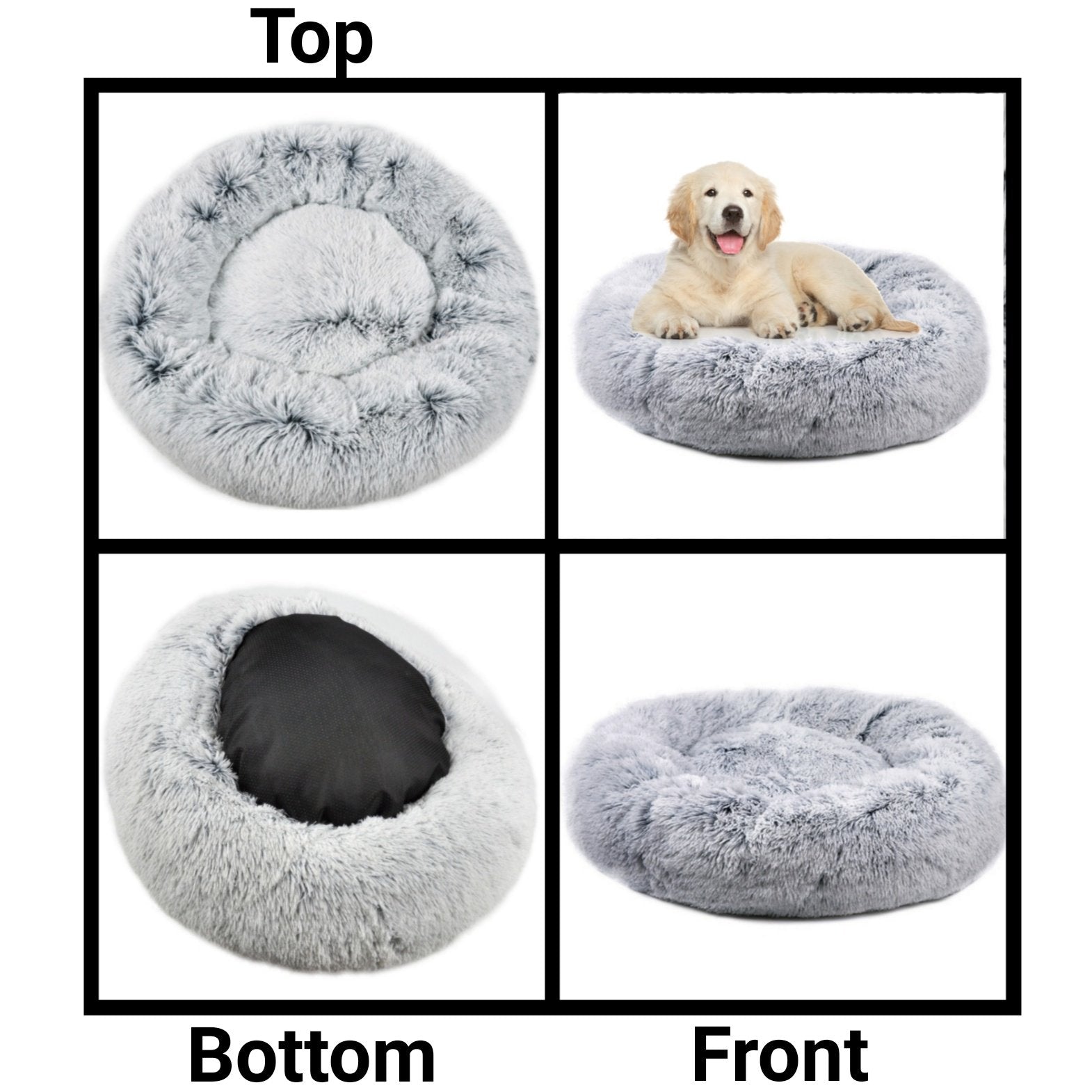 Gray pet bed shown from top, bottom, and front views with a dog lying on it.