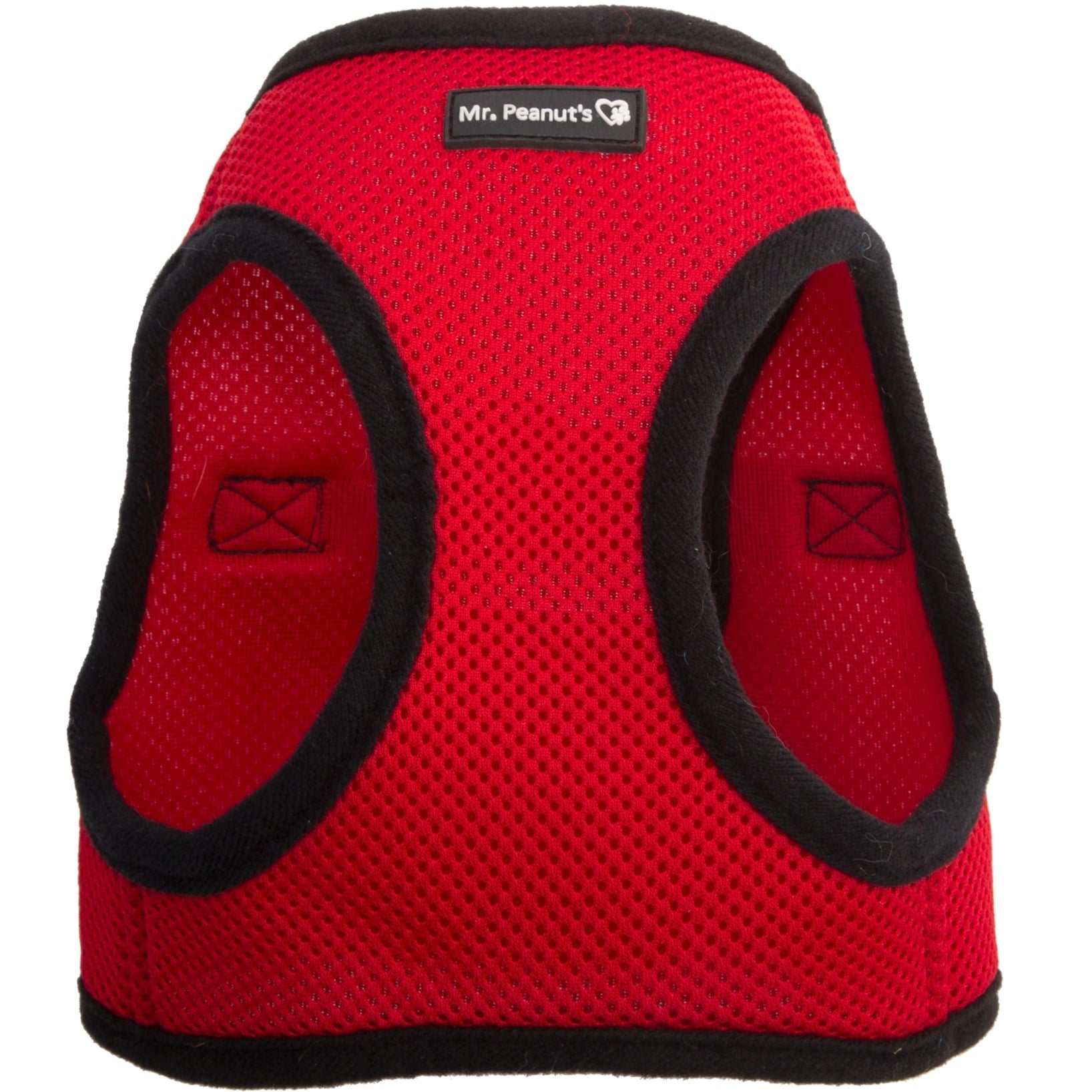 Red dog harness with black trim on a white background