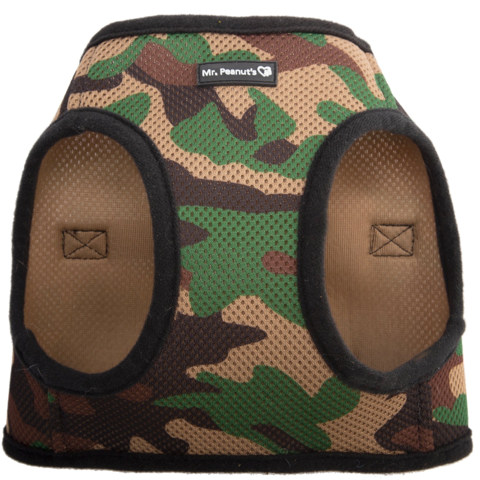 Camouflage-patterned pet harness with brand label on a white background
