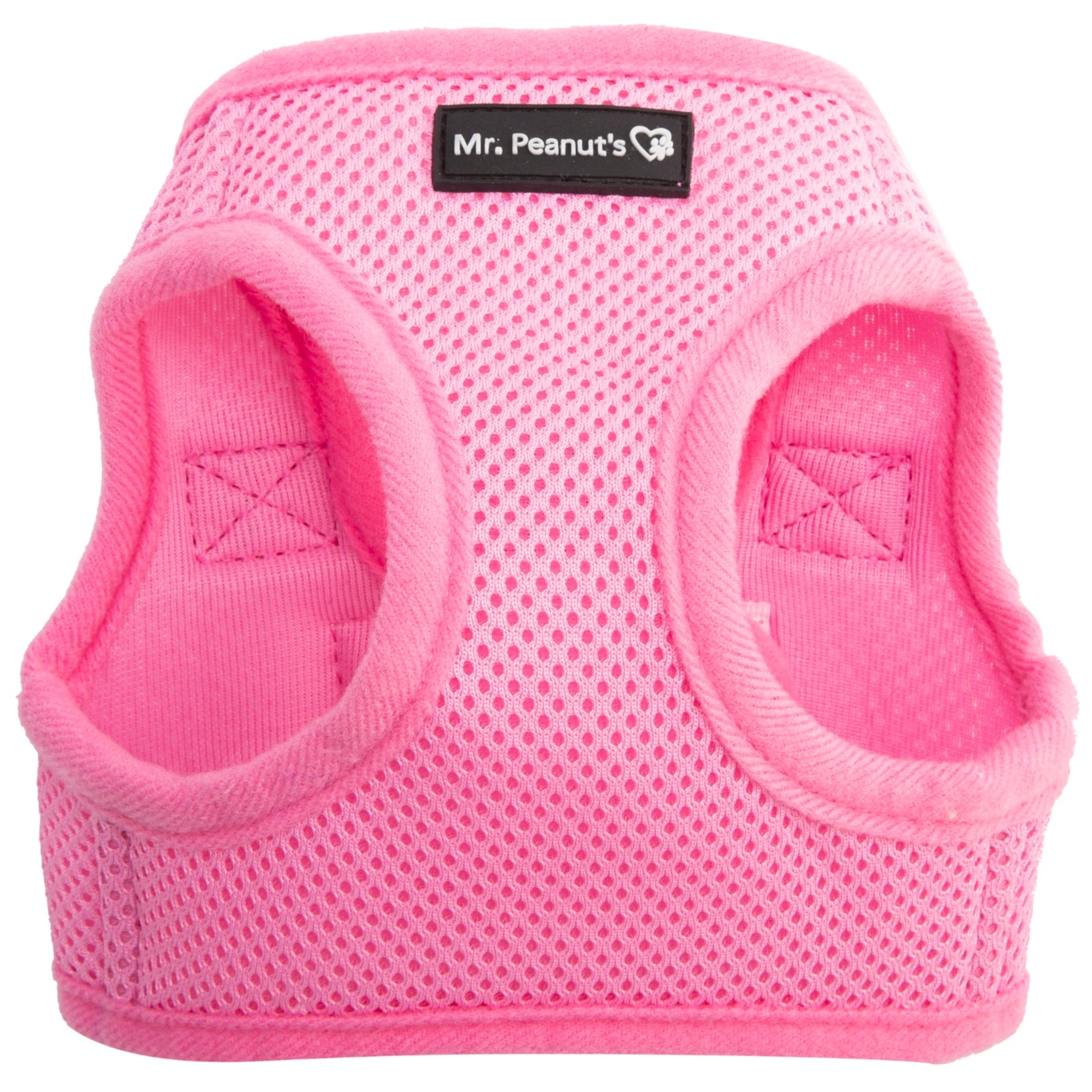 Pink pet harness with 'Mr. Peanut's' label on a white background