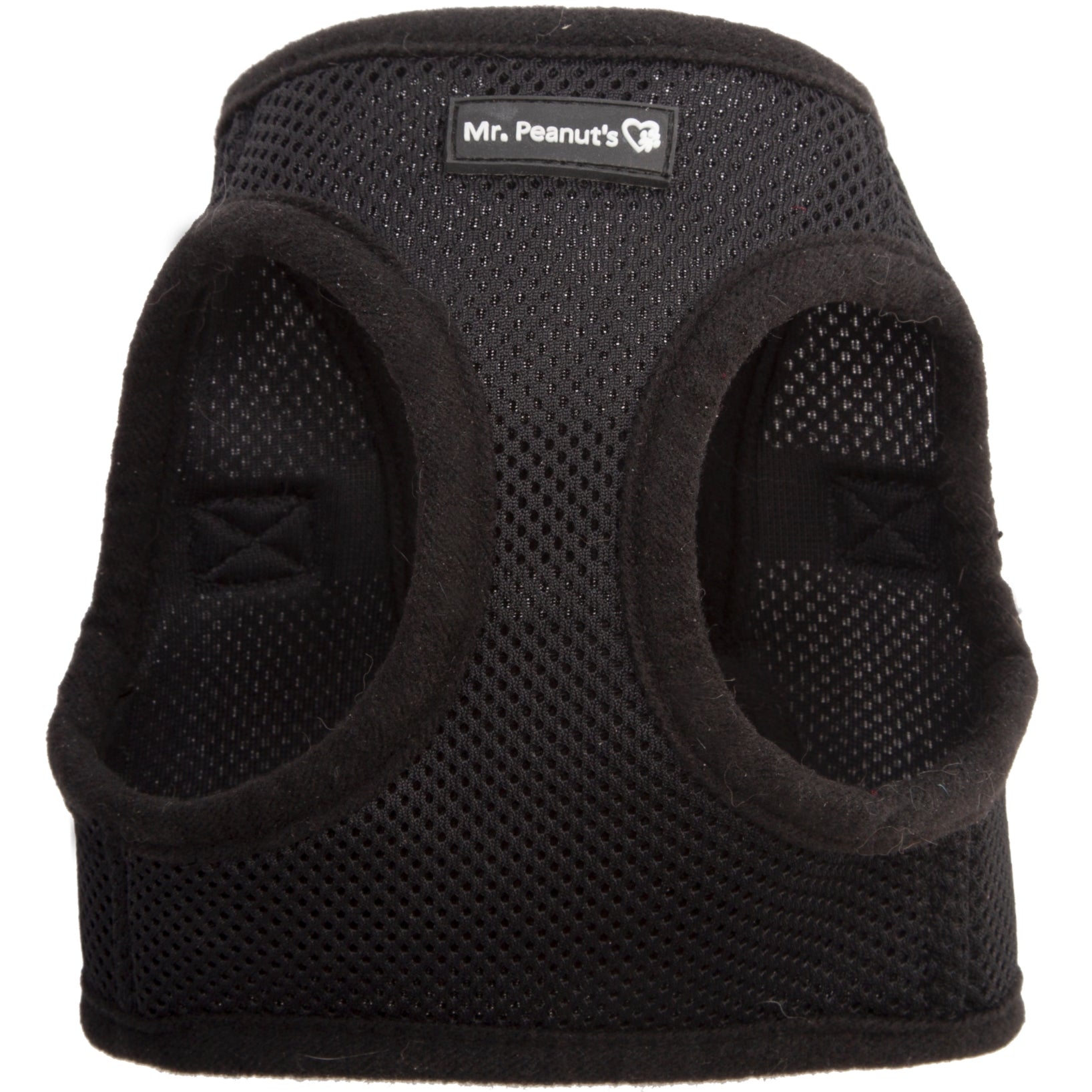 Black pet harness with mesh design on a white background