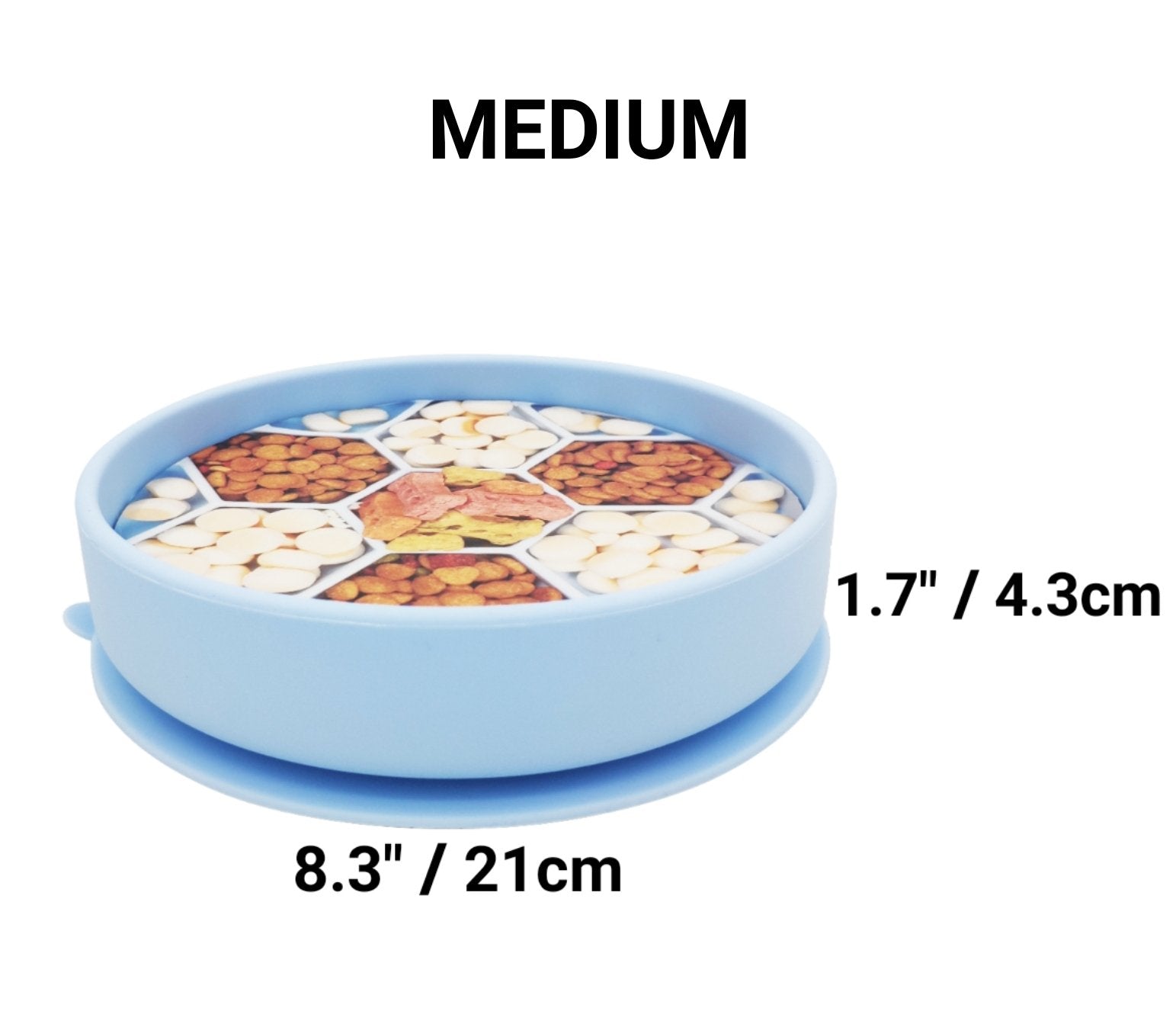Blue container with food pattern and measurements on a white background