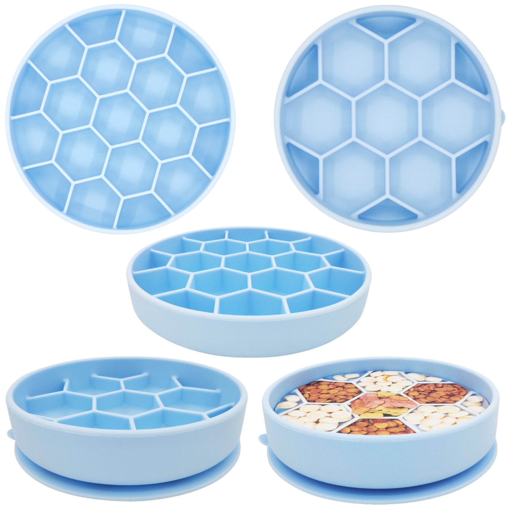 Set of blue silicone ice cube trays with honeycomb pattern on a white background