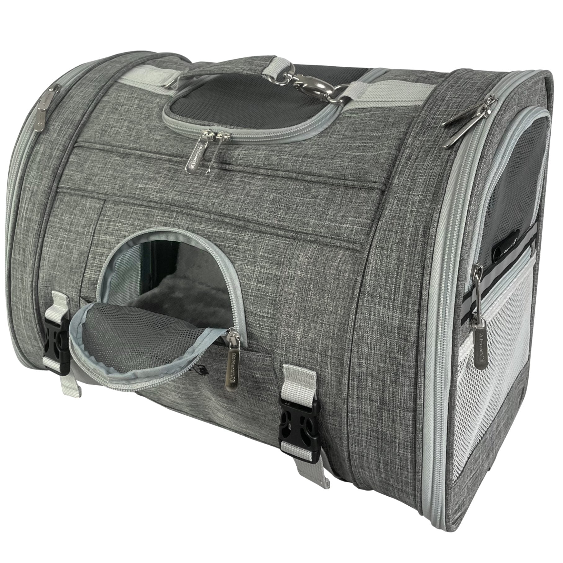 Gray pet carrier with open door on a white background