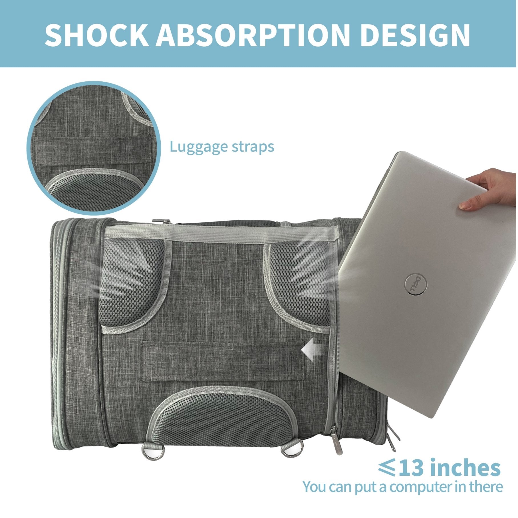 Gray travel organizer with shock absorption design, showing a laptop being placed inside.
